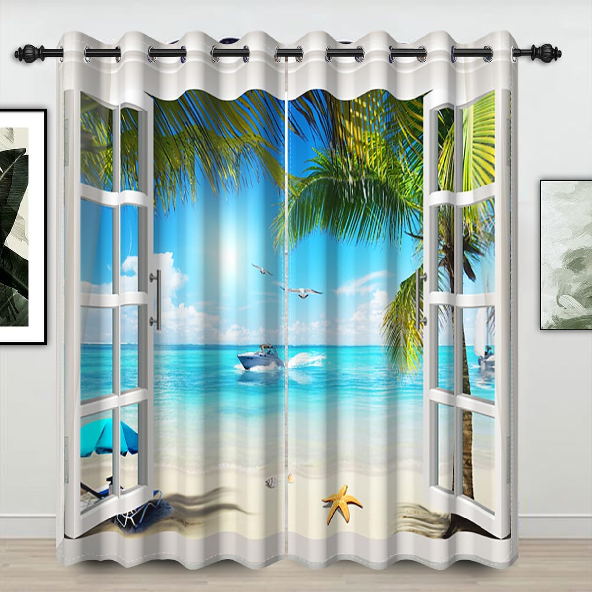 Summer Tropical Seaside Window Curtains Ocean Beach Surfing Coconut Palm Trees Blackout Curtain for Man Woman Bedroom Living Room Decoration Window Drapes 2 Panels Set 26x63 Inches