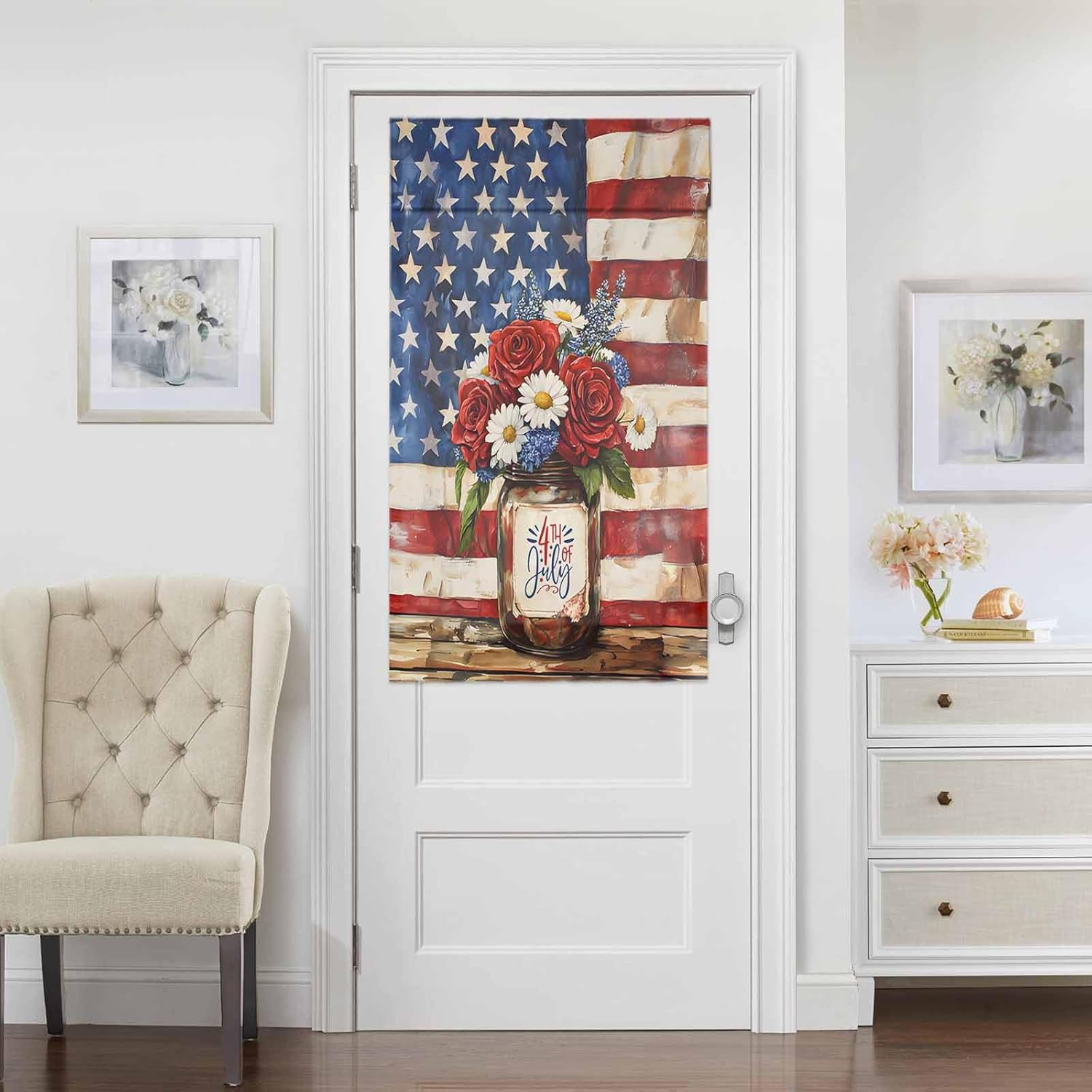 4th ofJuly French Door Curtains for Windows, Flag Day Front Door Window Curtains for Glass,Star Stripe Floral Privacy Tie Up Blinds Thermal Insulated Shades 26 x 42 Inch