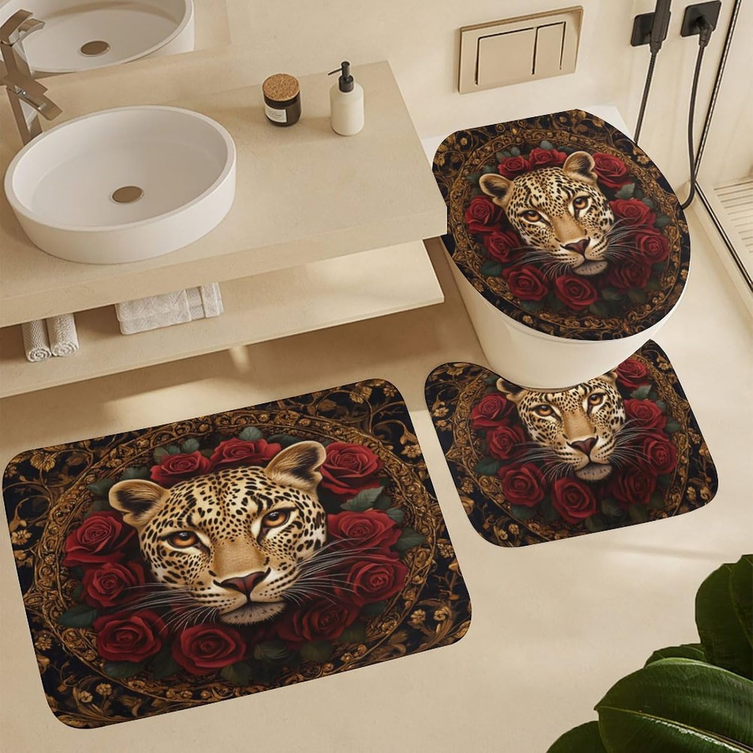 4pcs Leopard Red Rose Shower Curtain Set with Rugs, Toilet Lid Cover and Bath Mat, Gold Botanical Pattern Bathroom Curtains Decor Shower Curtains, 72" X 72"