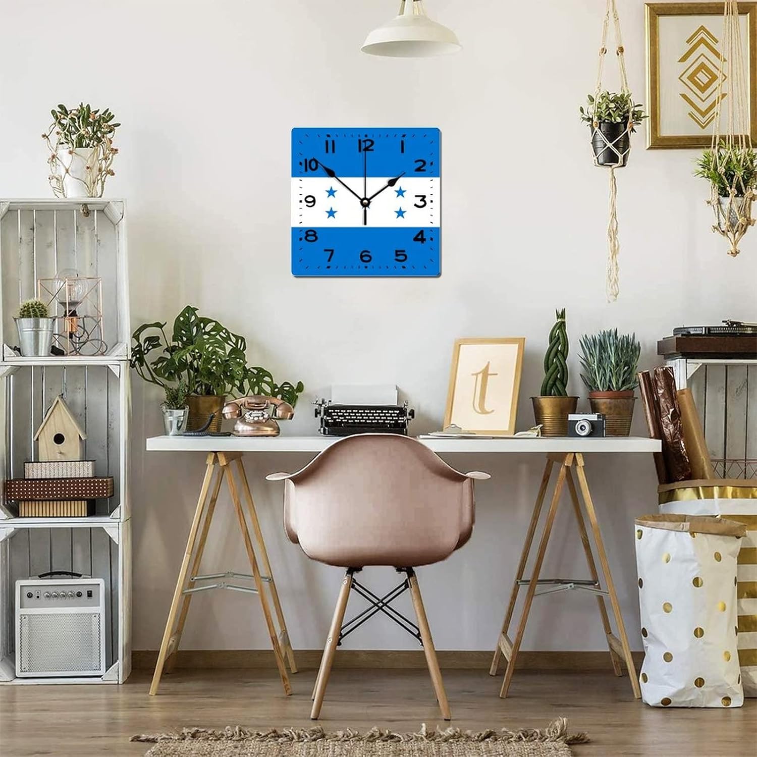 Wooden Wall Clock Honduras Flag 12 Inch Modern Square Wooden Wall Clock Easy to Read with Big Numbers Rustic Wood Clock for Farmhouse Bathroom Wall Decor Home Accent Decor