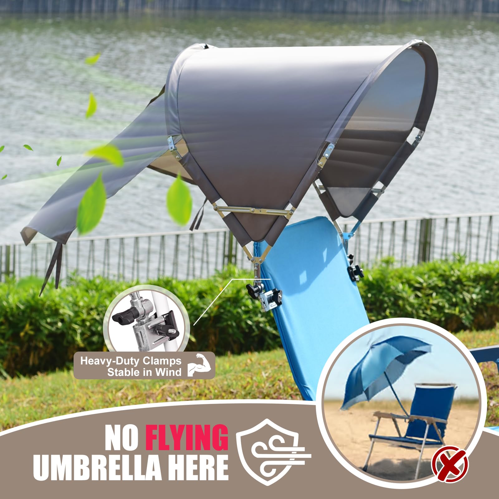 Universal Wind-Resistant Chair Umbrella Canopy, Foldable Portable UPF 50+ Sun Shade Attachment with Adjustable Clamp, Fits Most Beach, Camping, Lawn, Sports, Tanning, Zero Gravity Chairs & Wheelchairs — view 4