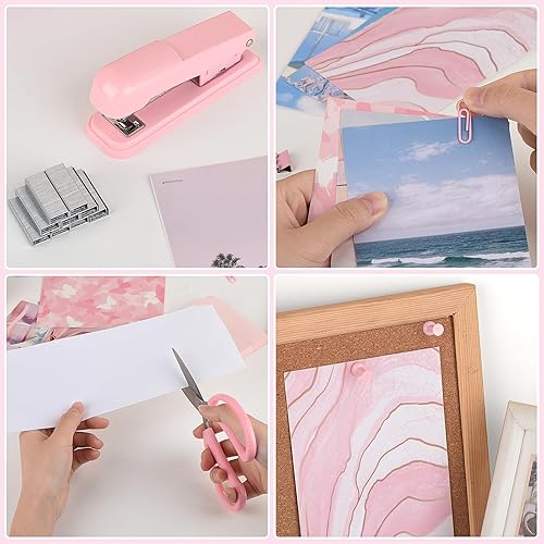 Miniatura 4 de Grapadora rosa, suministros de oficina rosa, juego de accesorios de escritorio para mujer con grapadora, removedor de grapas y 1000 grapas, clips,