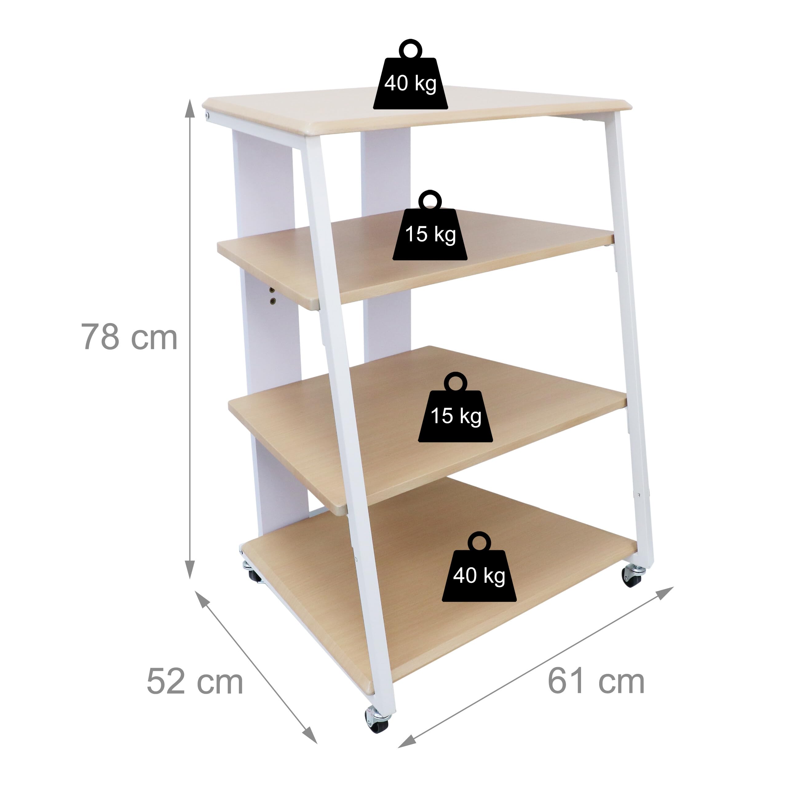 Relaxdays HiFi Rack, 4 Ripiani, per Giradischi/Stereo, Metallo/MDF, 78x61x52 cm, Mobile multimediale, Naturale/Bianco