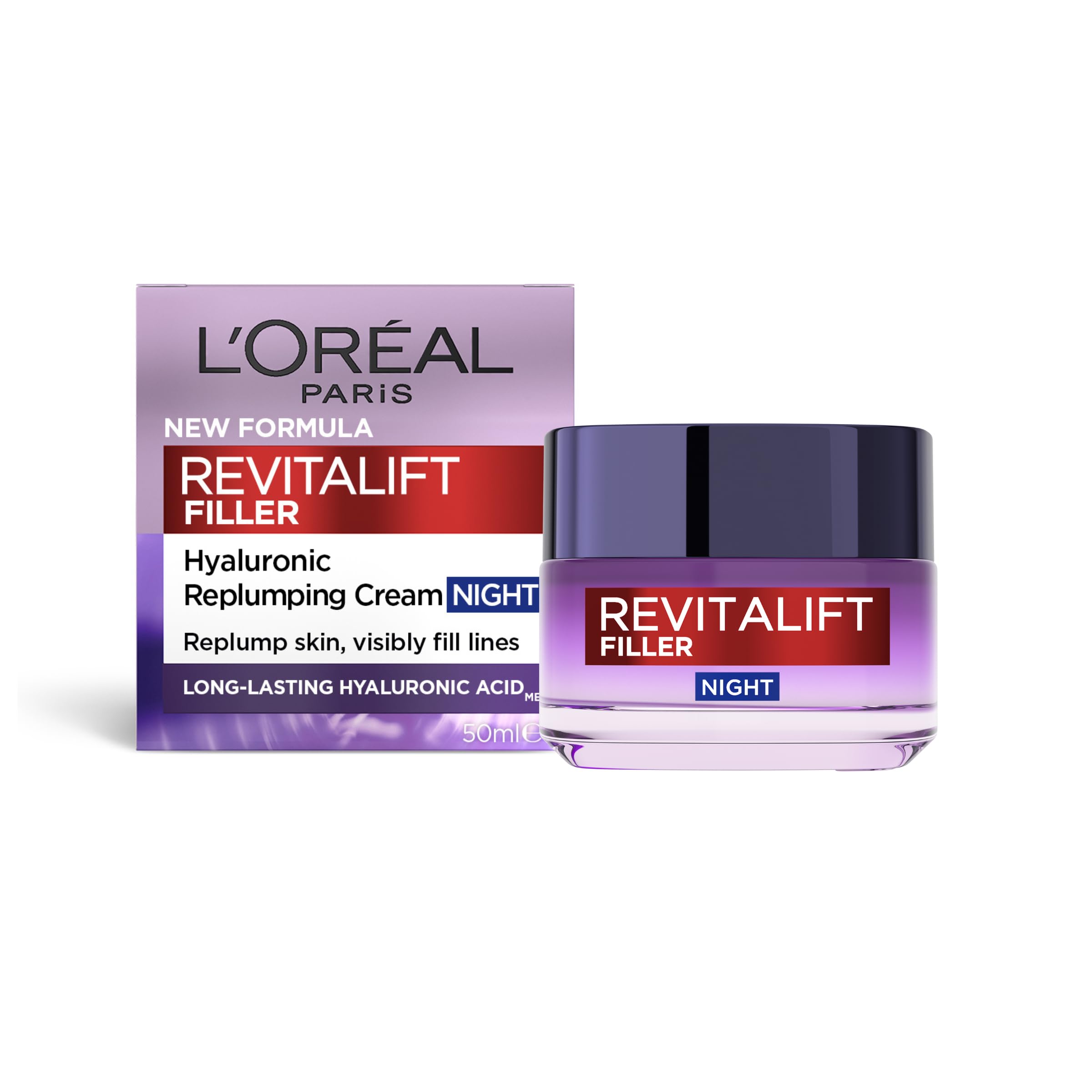 L'Oreal Paris Revitalift Filler Anti-Ageing Replumping Night Cream 50ml, with Hyaluronic Acid, to...