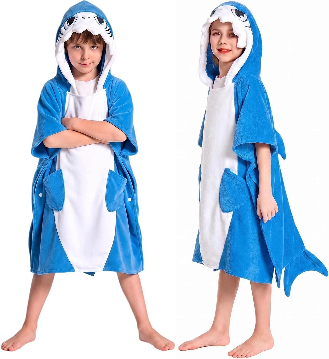 OLAOLA Kids Surf Poncho Beach Towel - Microfiber Shark Hooded Wearable Swim Towel for Boys Girls Ages 3-12 Years