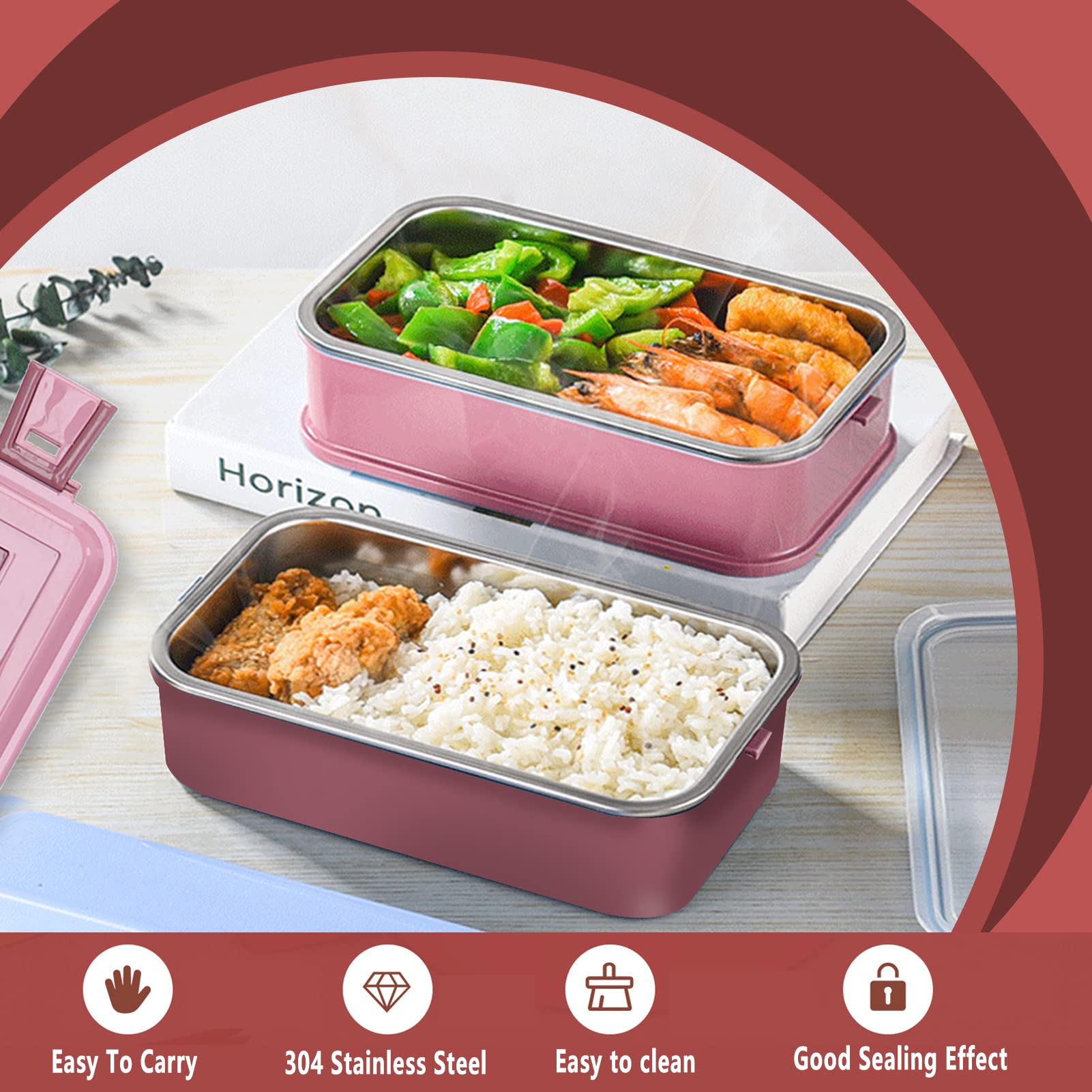 Lonchera térmica de acero inoxidable 304 con compartimento y doble capa térmica, para oficina, escuela y viajes, mantiene la comida caliente, libre de BPA