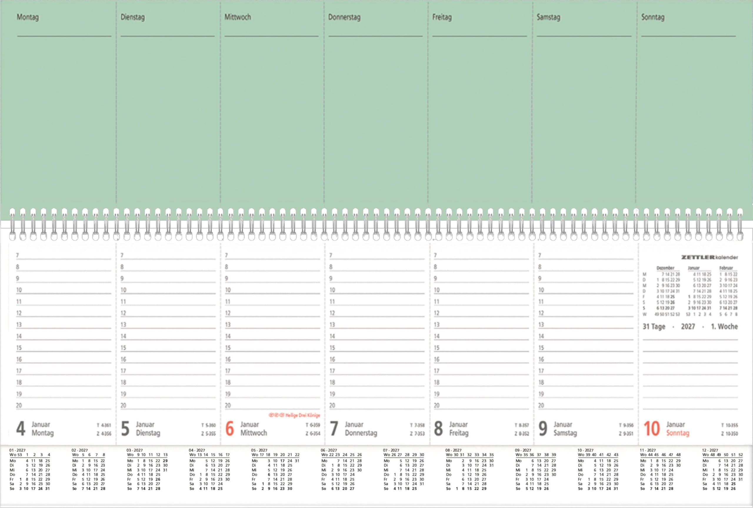 Tischquerkalender 1W/2S PERFO XL grün 2027: Wochenkalender 36 x 11 cm mit verlängerter Rückwand & Aufstellvorrichtung, 1 Woche auf 2 Seiten, Stundeneinteilung 7-20 Uhr für Büro & Homeoffice