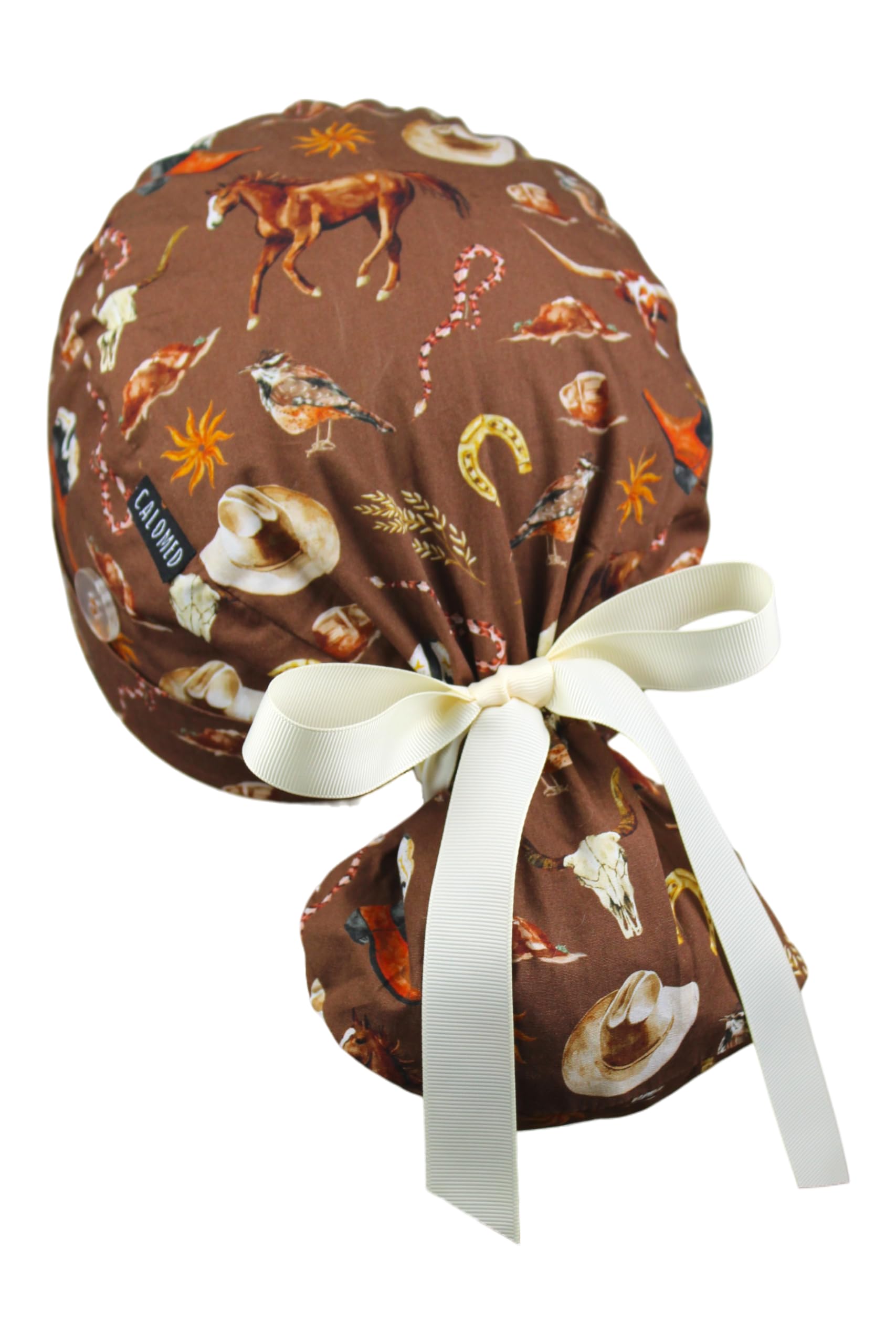 Scrub Cap for Women and Men, Ponytail Scrub Caps, Working Hat, Head Cover with Ribbon Ties and Buttons, Long Hair