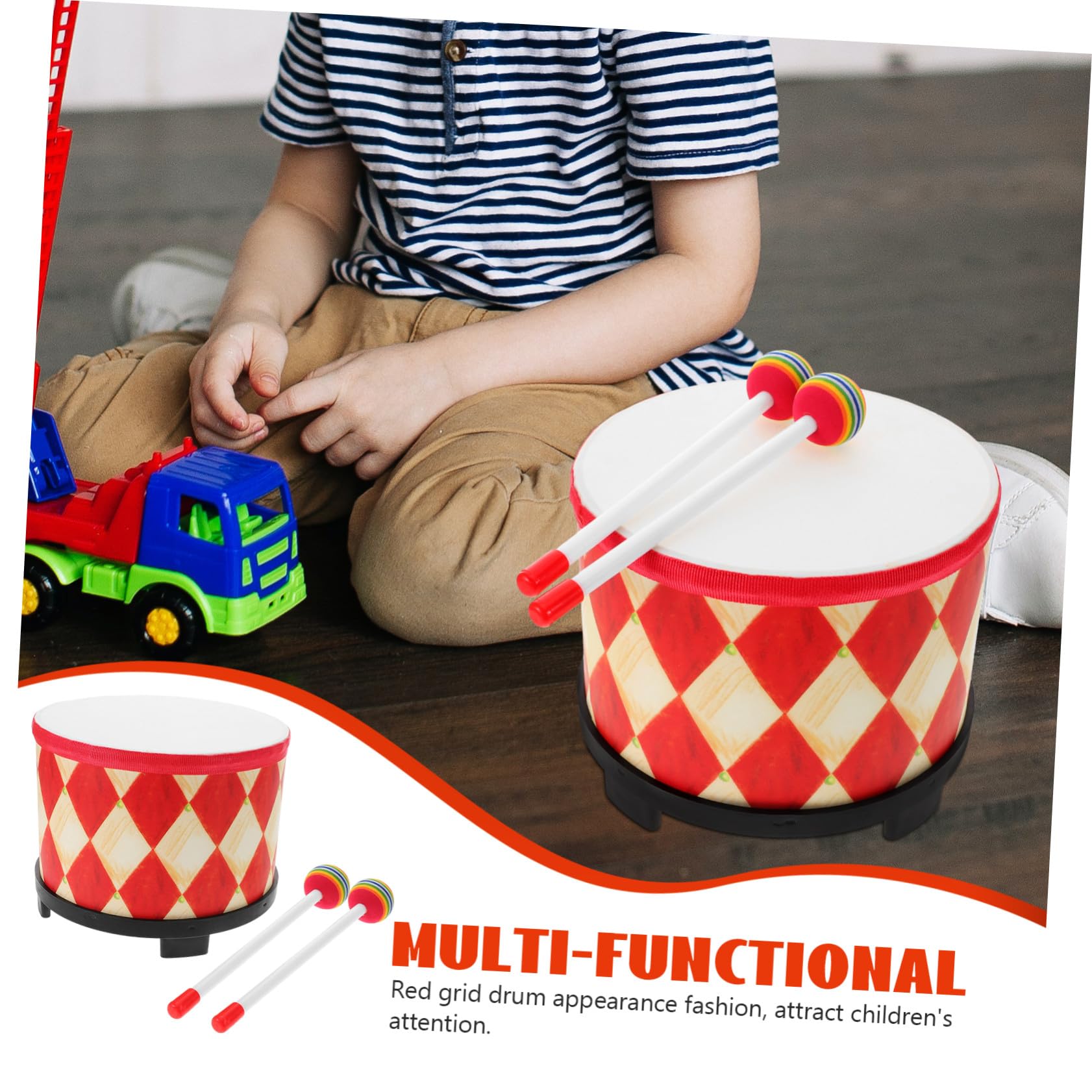 Tamburello a Mano Tamburo Musicale per Bambini Piccoli 20 Cm con Design Rosso a Griglia per Gioco Educativo Individuale e Attività di Gruppo