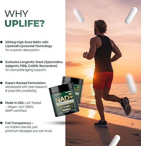 Miniatura 6 de UPLIFE Suplemento liposomal NAD+ de 500 mg con espermidina, apigenina, PQQ y resveratrol  NAD+ avanzado es potenciador de energía celular,