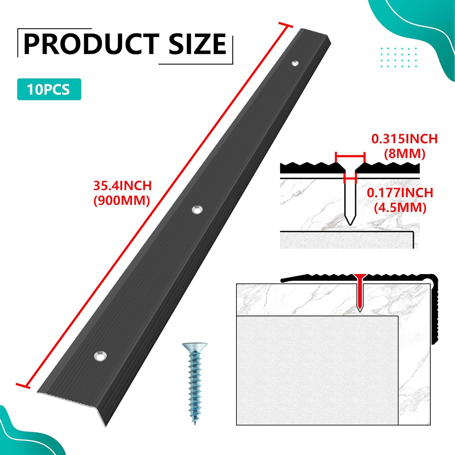 35.4“ 10pcs 1.79 * 0.79" Matte Black Aluminum Stair Nosing with Hole, Anti-Slip Edge Protector for Indoor & Outdoor Stairs, Waterproof Self-Adhesive Stair Molding Trim