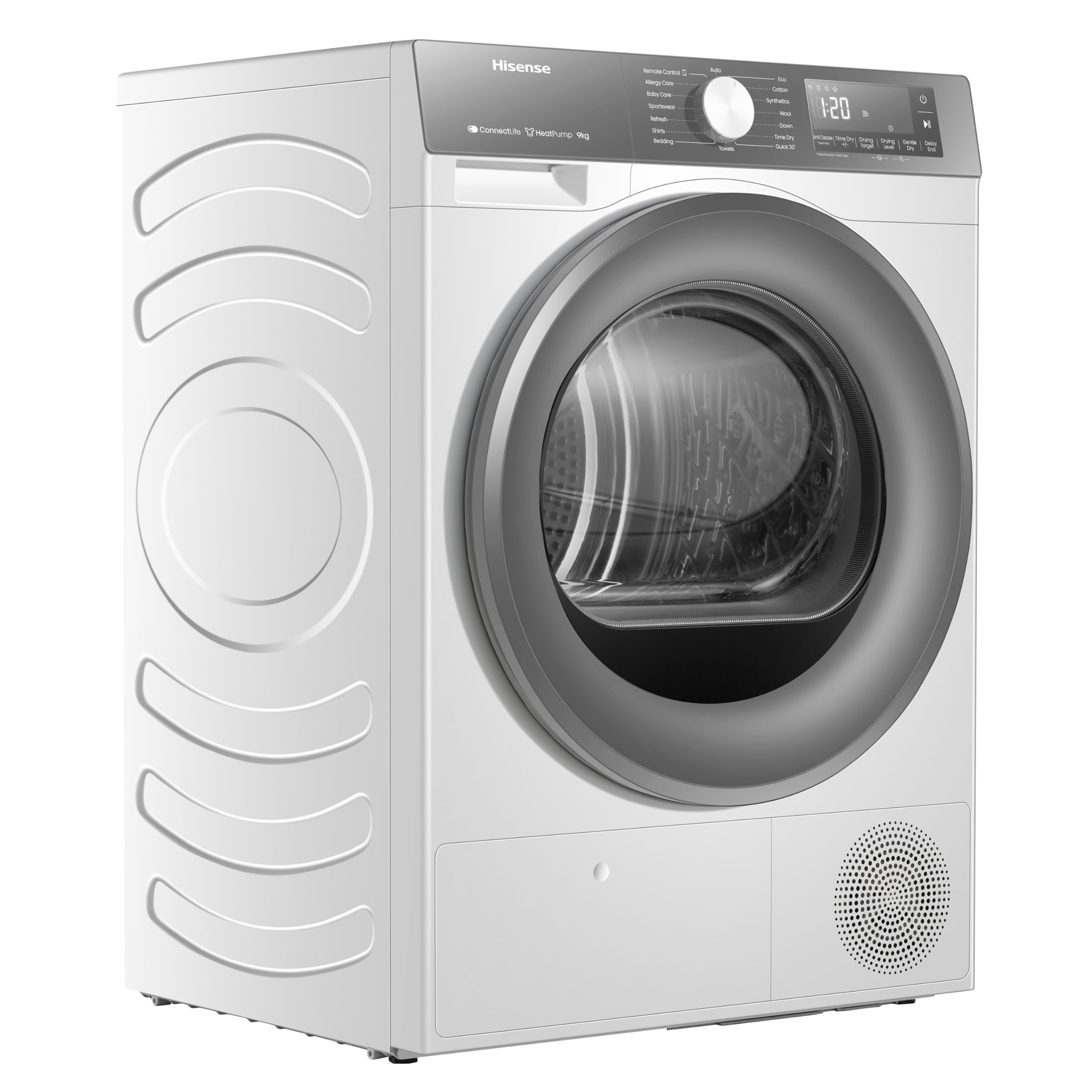 Hisense DH3S902BWCCA Asciugatrice a Pompa Di Calore, 9 Kg, A+++/C, Big Display, 16 programmi, Refresh, WiFi, Porta Reversibile, Bianco/Silver