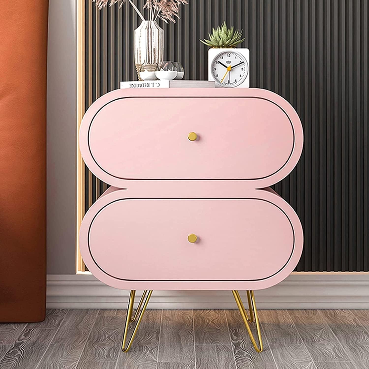 Comodino in Legno Comodini Unici 2 Cassetti con Gambe in Acciaio Inox Tavolo in Stile Moderno/Rosa/50 * 40 * 53Cm