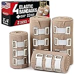 Premium Elastic Bandage Wrap - 4pk (2x3in, 2x4in) + 12 Extra Clips - Strong Compression Bandage Wrap for Wrists, Ankles, Feet and Knees