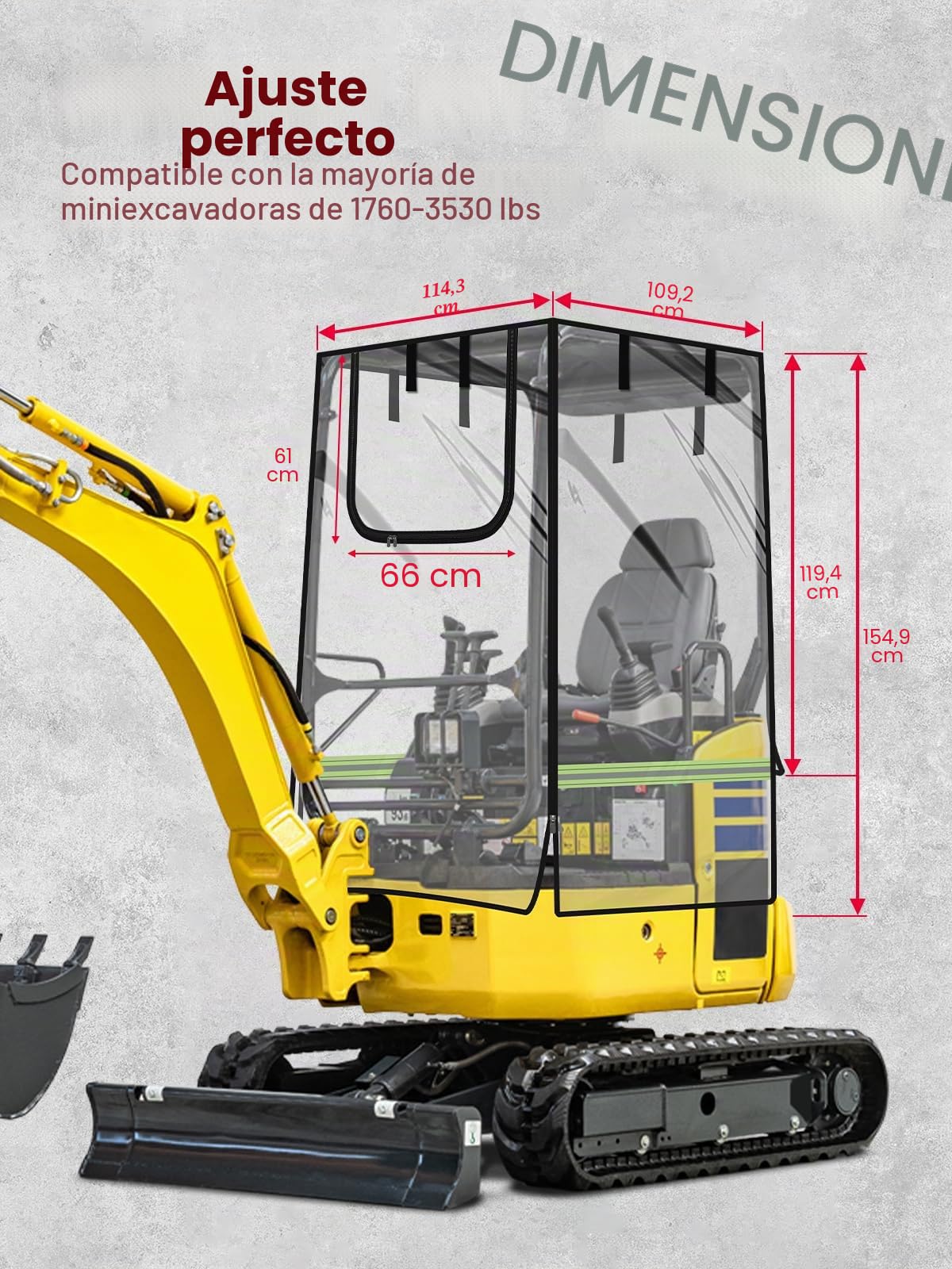 Cubierta de Mini Excavadora, Caja Transparente para Cabina de Excavadora con Tela Oxford 600D y película de PVC Compatible con Bobcat E20/Kubota U17 para 1750-3500 Libras, protección