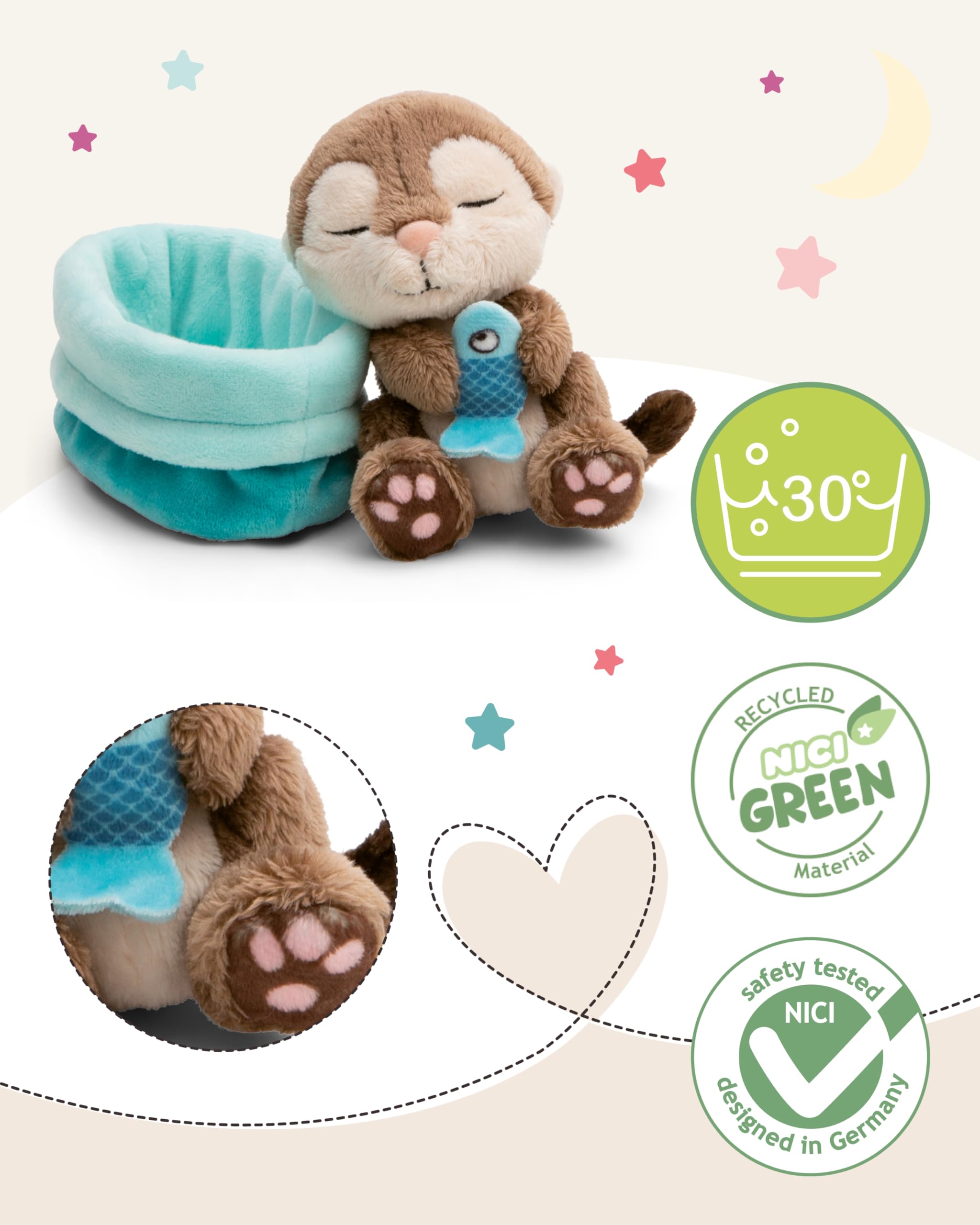 NICI soft toy otter with fish 12cm sleeping in basket, grey, Fluffy plush, cute to cuddle and play with - Image 3