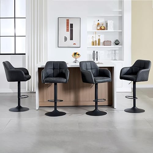 Miniatura 6 de Moderno juego de 2 taburetes de bar giratorios de cuero con apoyabrazos, silla de bar tapizada ajustable con base de metal reposapiés para isla de