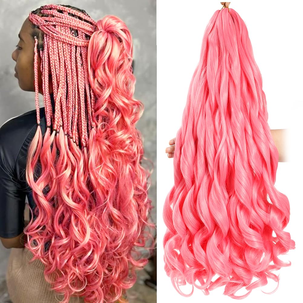 French Curly Braiding Hair 24 Inch 8 Packs Pink Color - Pre Stretched Bouncy Braiding Hair- Loose Wavy Synthetic Hair Extensions For Black Women (24