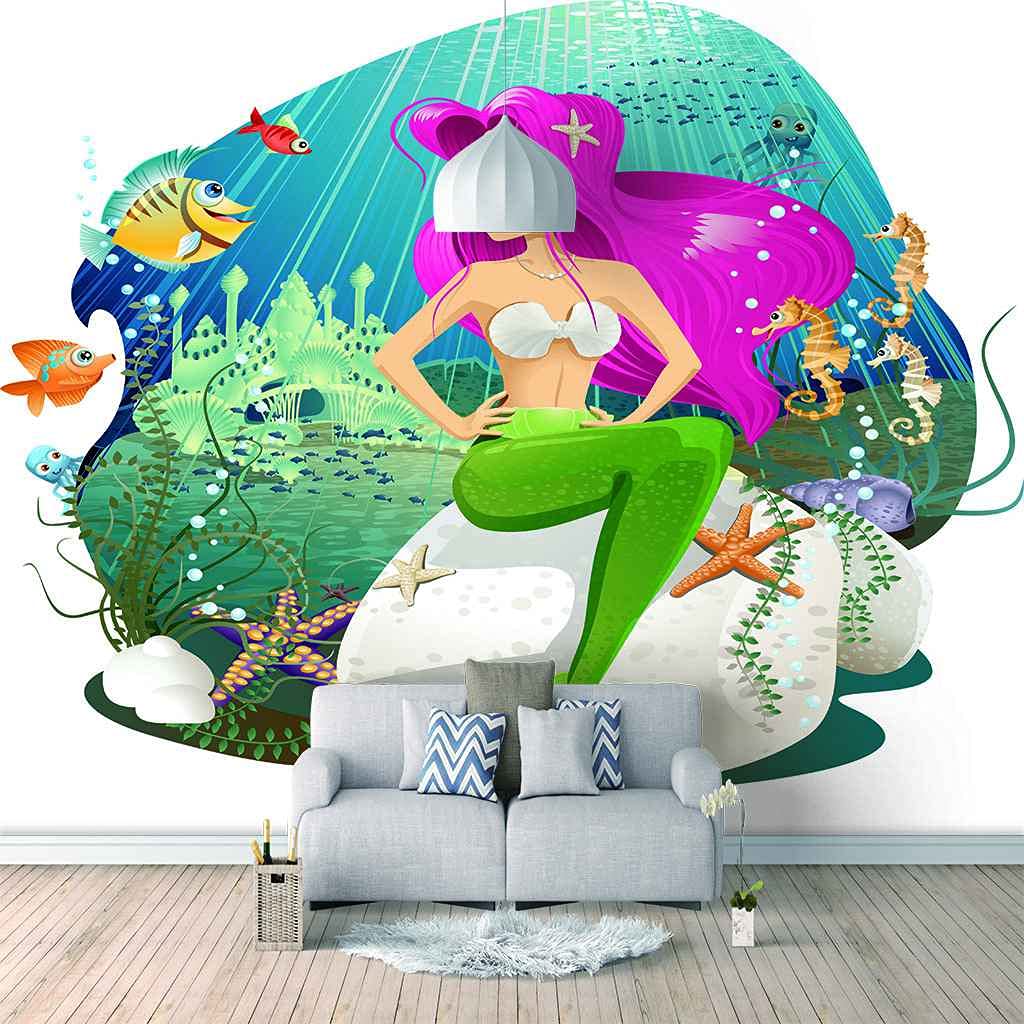 Papier peint toile 3D sirène verte pour décorer le salon et la chambre
