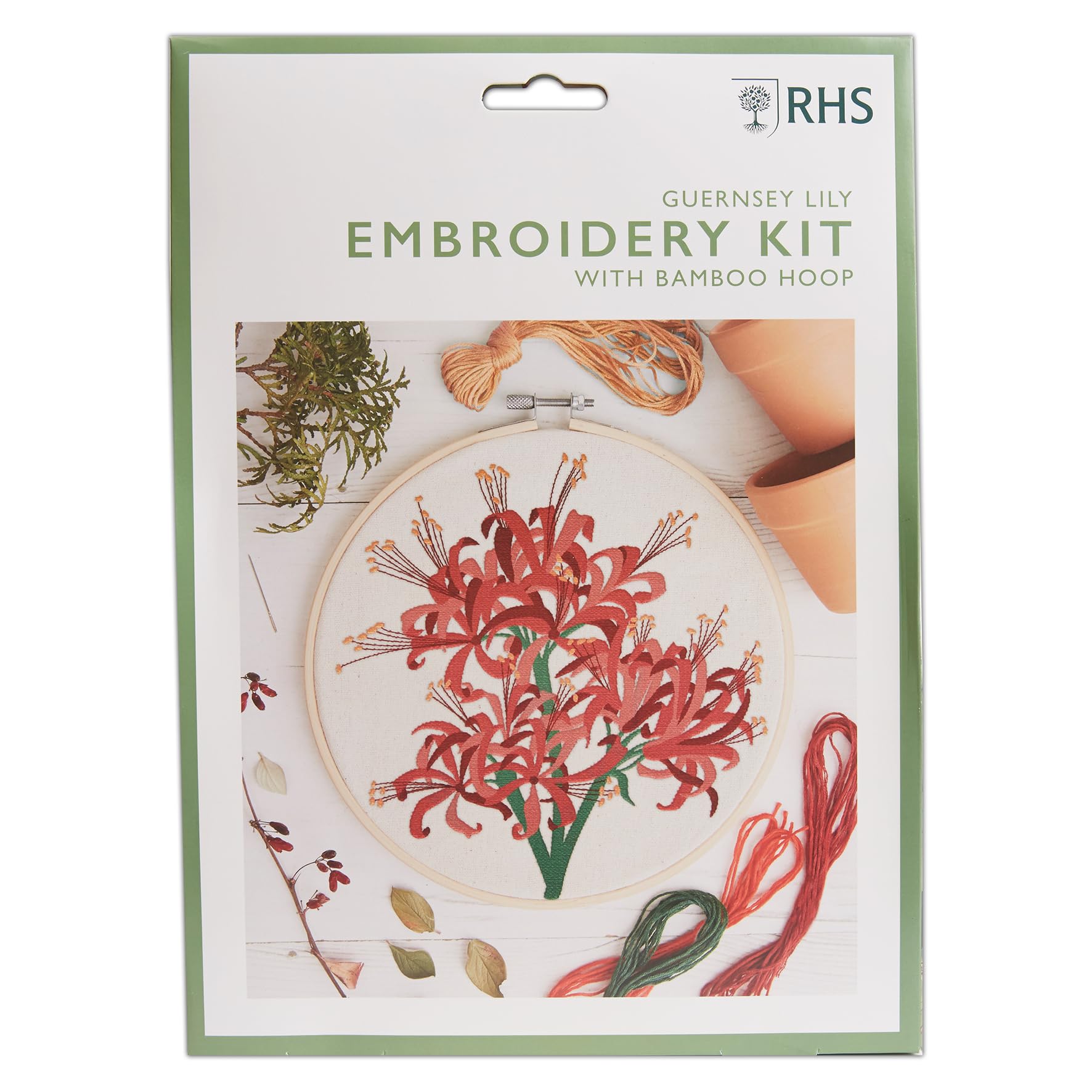 RHS The Royal Horticultural Society Embroidery Hoop Decoration Kit, Guernsey Lily, 8", 21cm, Embroidery Kits for Adults & Cross Stitch Kits for Adults Beginners, Gift Idea, with Embroidery Pattern