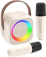 Jeefu Kids Karaoke Machine with 2 Wireless Mics, LED Lights & Sound Effects - Fun Birthday Christmas Gift for Girls Boys 3-12 Years Beige