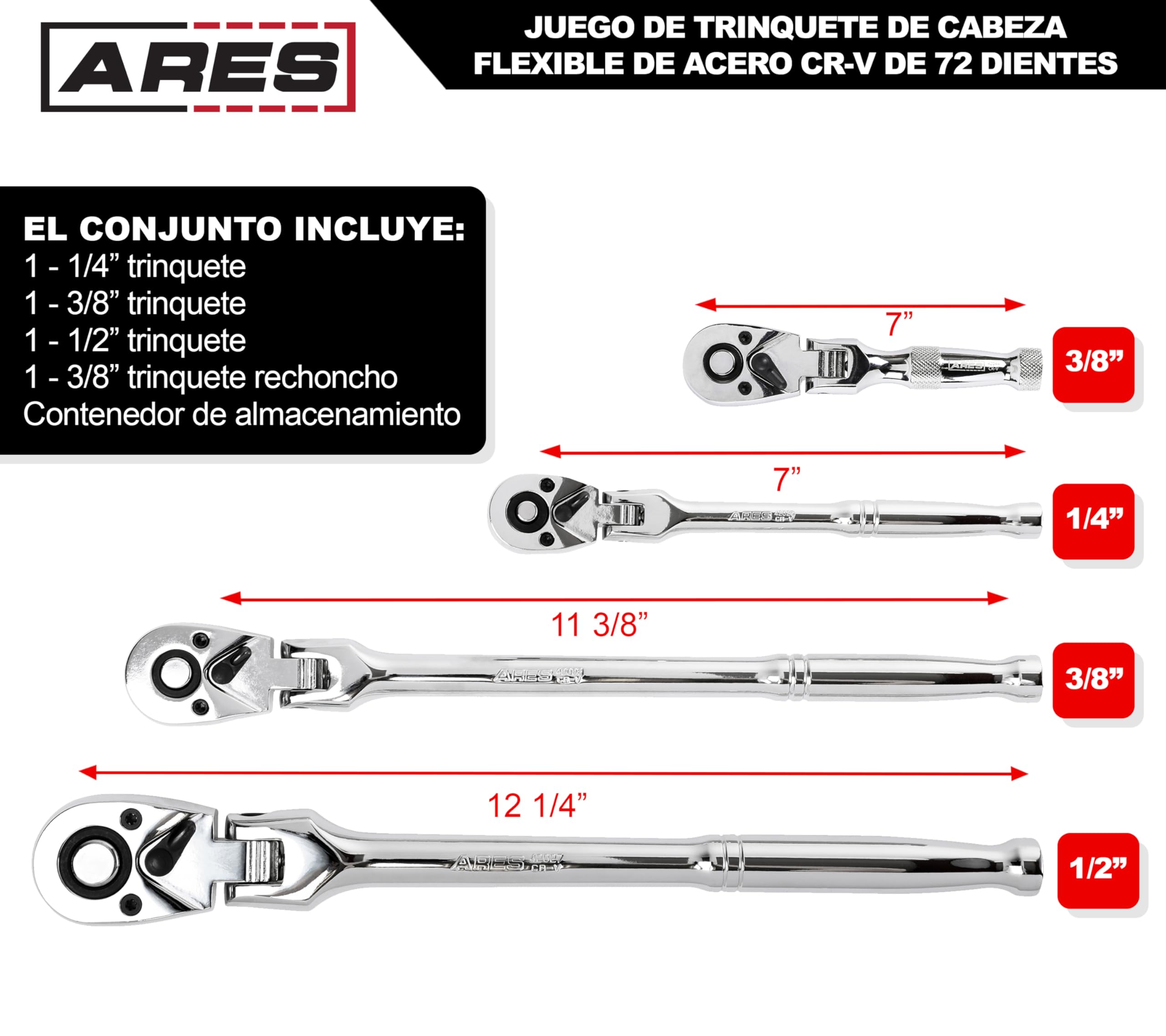 ARES 420404 piezas 72 dientes Flex Head Juego de trinquete Construcción de acero cromo vanadio premium y acabado cromado 72 dientes de liberación rápida diseño reversible con 5 grados de oscilación