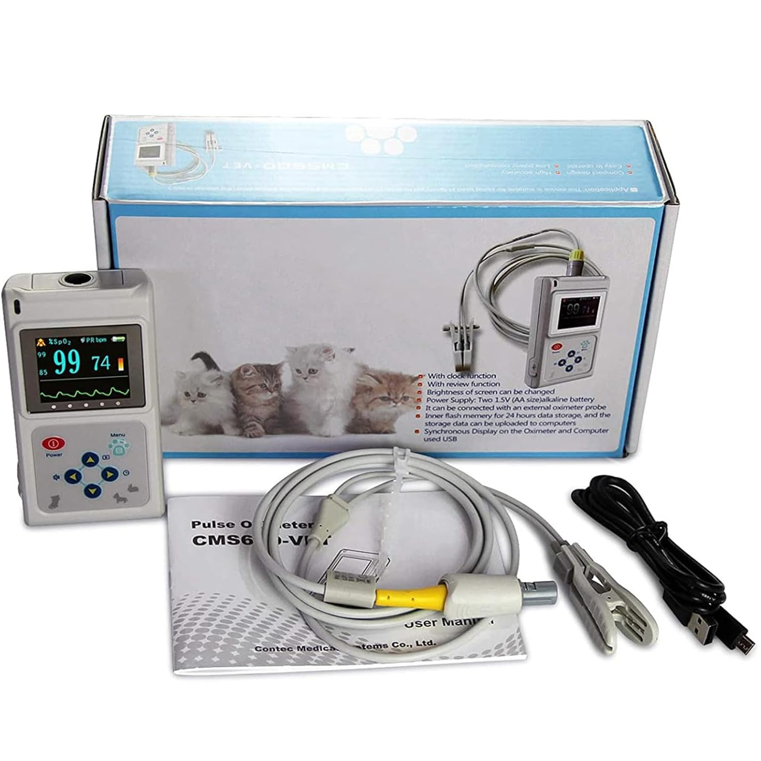 Handheld-Veterinär-Pulsoximeter, Tier-Sauerstoff-Monitor, Herzfrequenz-Monitor, Mit Ohr / Zunge Sonde Sensor, Sicher & Nicht-invasiv, Für Hunde, Katzen, Haustiere, Familie Und Haustier Krankenhaus