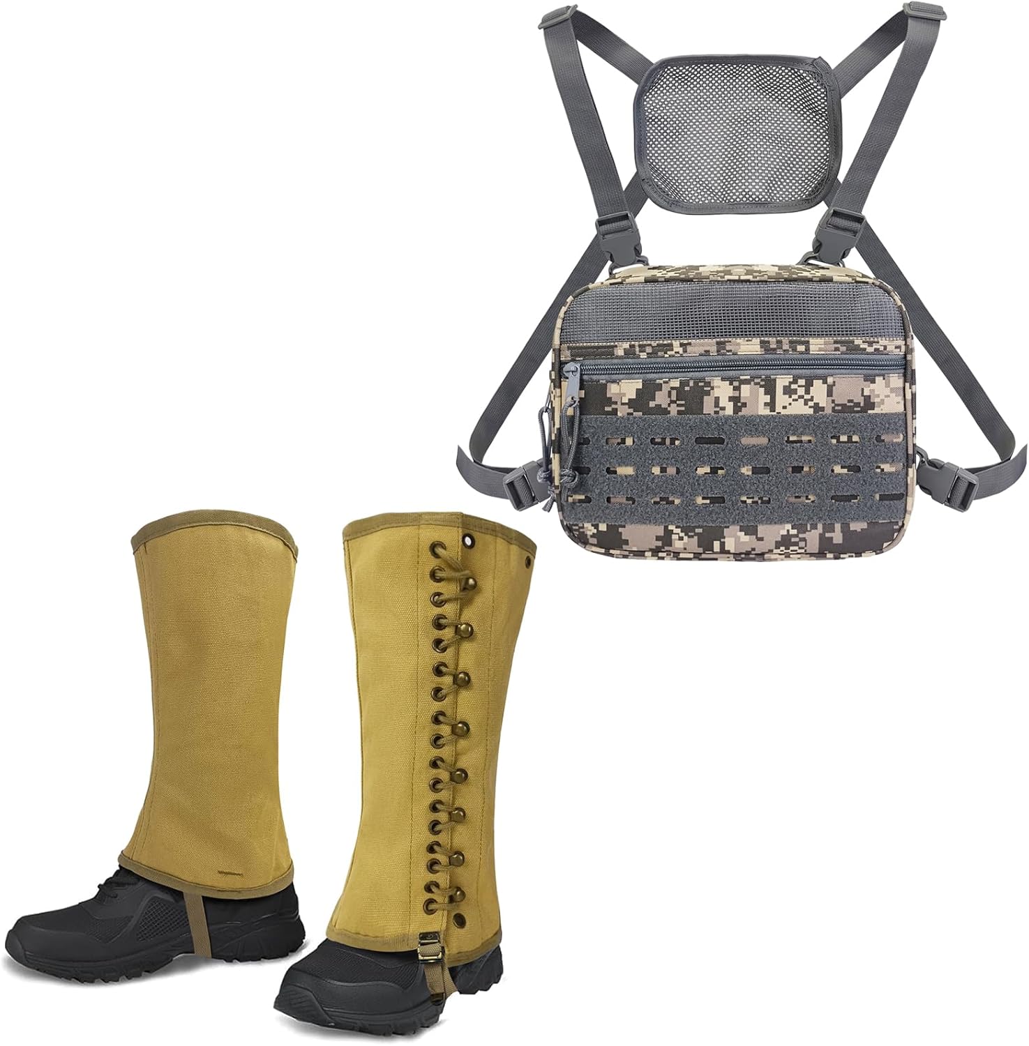 SUNRISING Tactical Chest Rig Bag & WW2 Leg Gaiters Combo - Modular Molle Tool Chest Pack with Detachable Magazine Pouches + Vintage Canvas Leggings for Outdoor Hunting, Hiking & Military Enthusi