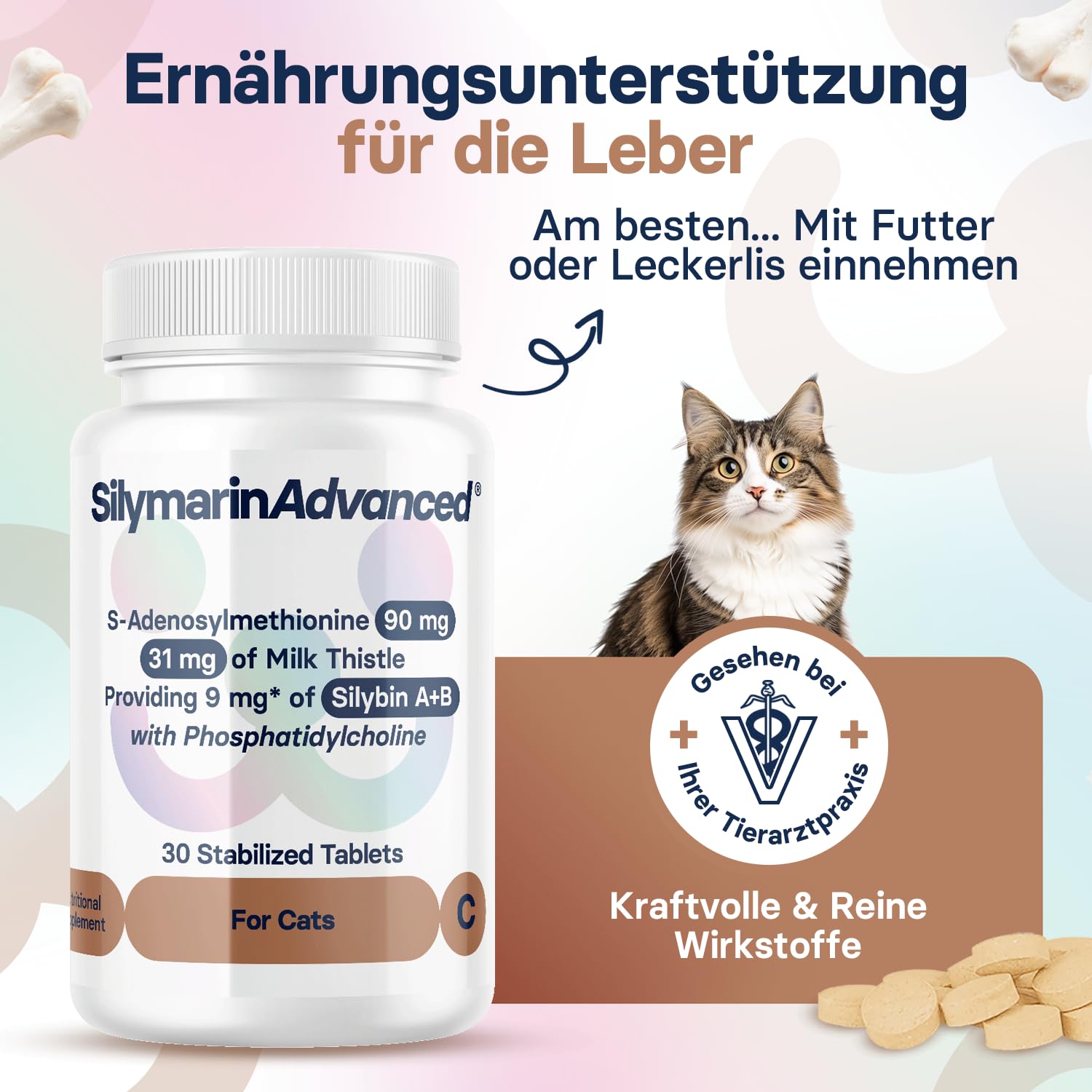 Lebergesundheits-Supplement für Katzen – Mariendistel Supplement für die Leber-Detox – Katzen-Supplemente mit S-Adenosylmethionin (Same) und Silybin – 30 Tabletten