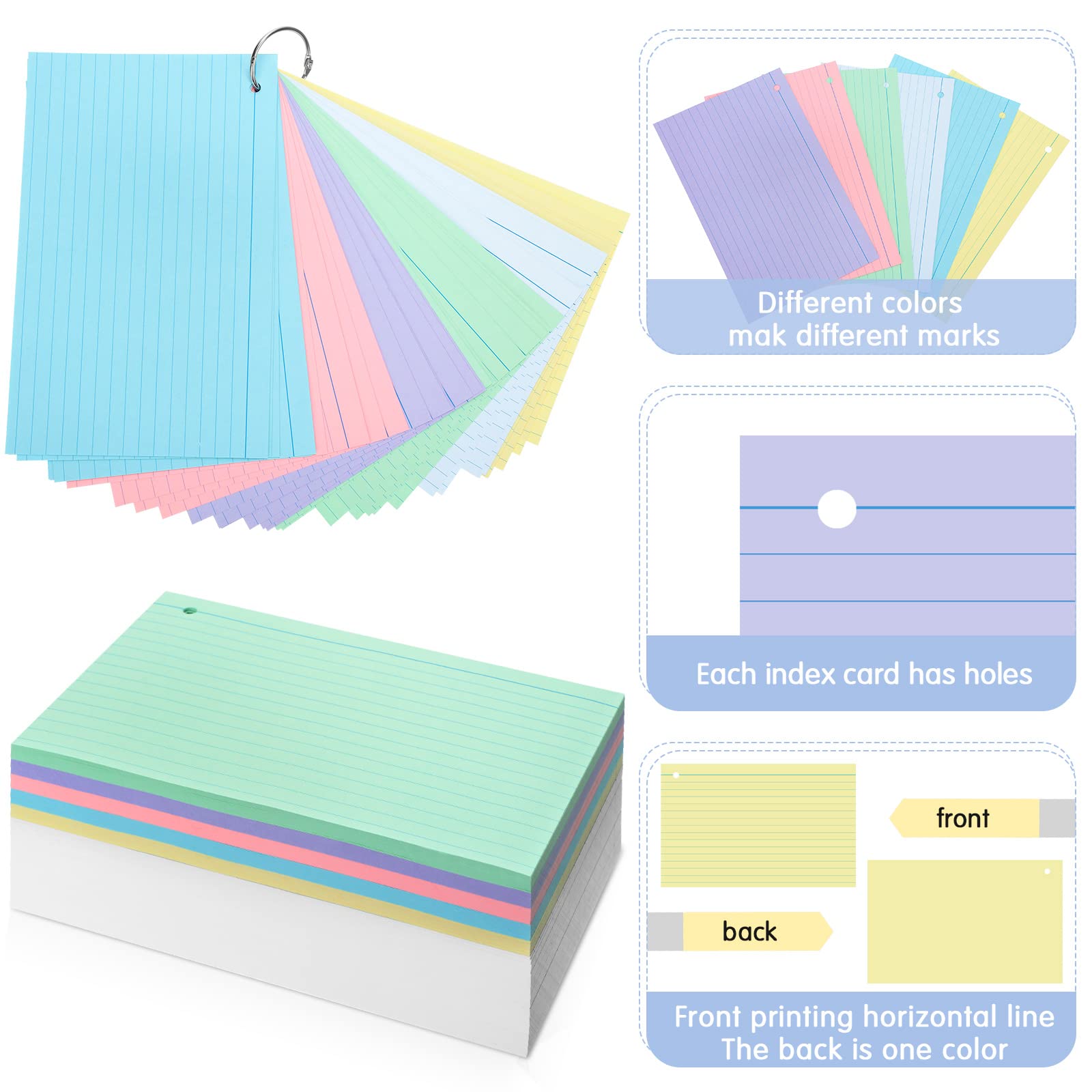 Epakh 300 Stück linierte Karteikarten, 180 g/m², dicke Karteikarten mit Ringen, gelocht, Schulanfang, für Studium, Erwachsene, Zuhause, Uni, Büro (12,7 x 20,3 cm, helle Farbe)