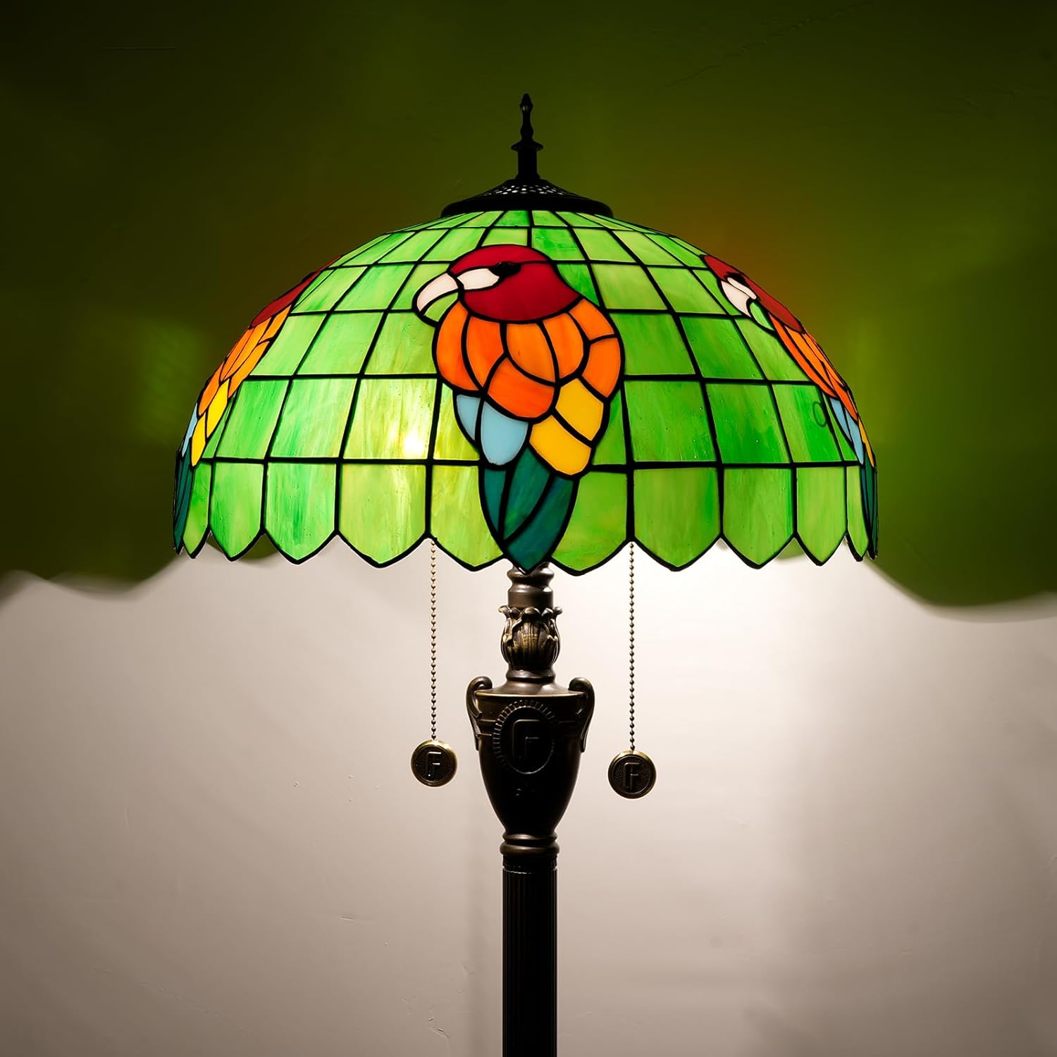 Tiffany Parrot Green Floor Lamp Stained Glass lamp for Living Room Bedroom Office Bright Lighting Rustic Corner Decor Standing Tall Unique Vintage Reading Aesthetic Light