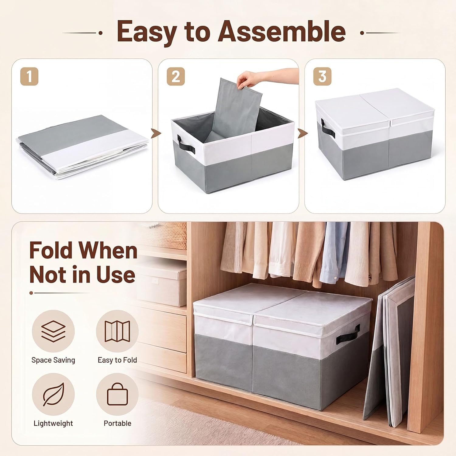 2 Pcs Extra Large Fabric Blanket Storage Basket with Lid, 70L Foldable Storage 22"x16"x12" Collapsible Closet Organizers Bin with Handles for Clothes Towel Toy XL Box for Living Room Bedroom