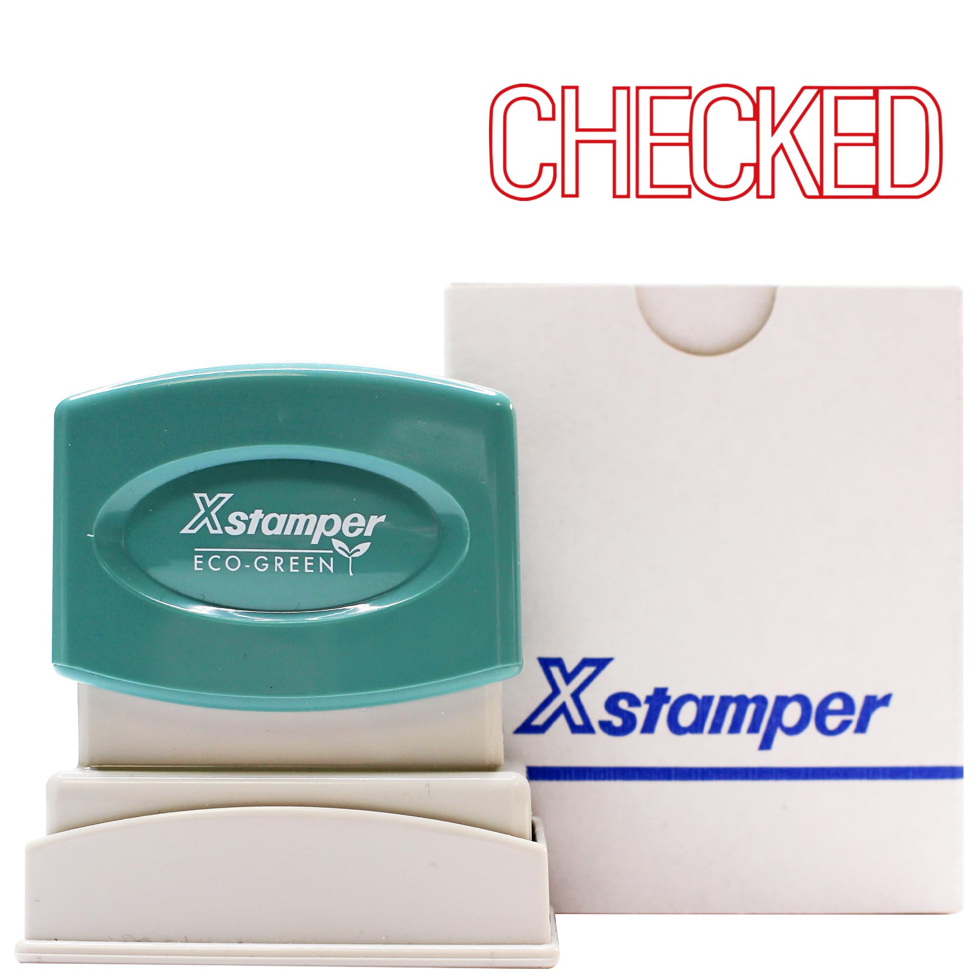 Xstamper Ink Stamp, Checked. Red Ink (Impression Size: 13 x 42mm). Pre-Inked Stamper for Office or Business Use
