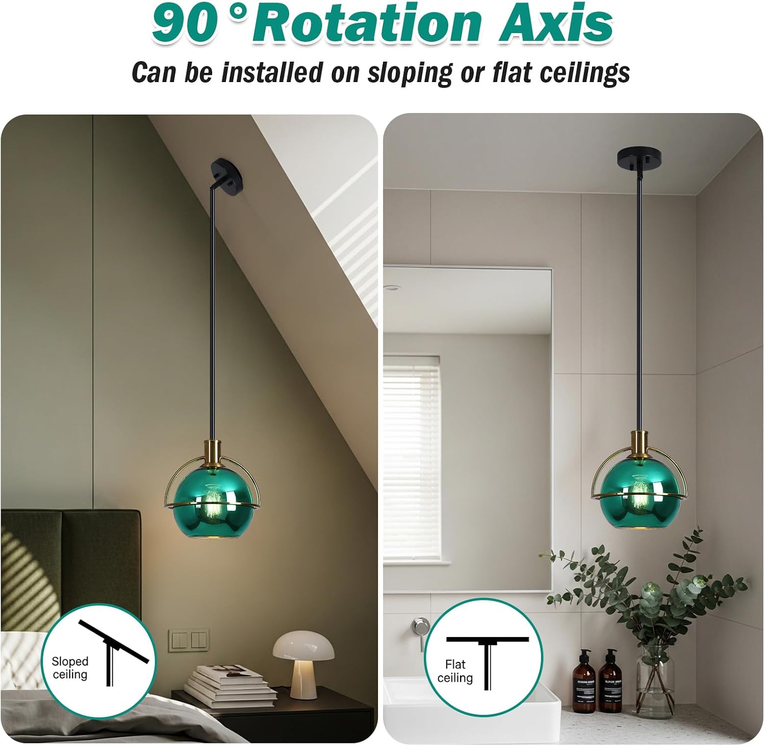 2 Pack Modern Green Glass Pendant Light, Black & Gold Hanging Light Fixture with Adjustable Rod, Globe Kitchen Island Pendant Lighting for Dining Room Entryway Bedroom, E26 Base
