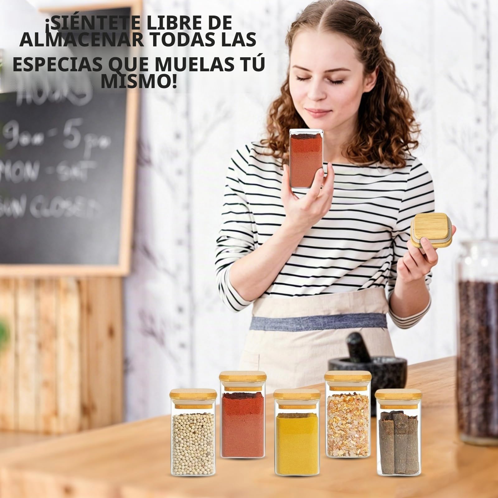Tarros de especias de vidrio con tapa de bambú y etiqueta, paquete de 12 recipientes cuadrados de vidrio de 8 onzas/250 ml, tarros de especias de vidrio herméticos con tapas, recipiente de vidrio para