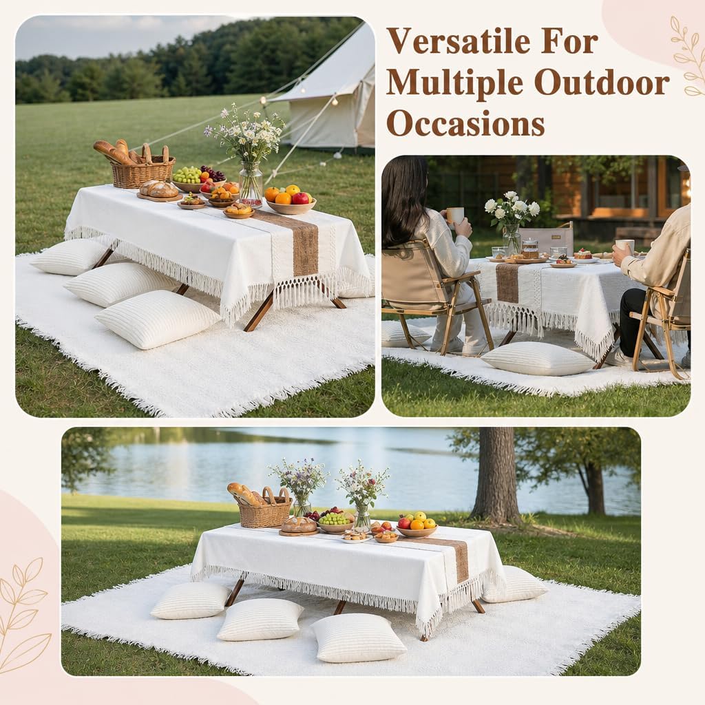 11 Pcs Folding Picnic Table Set, Portable Boho Table with Extra Large Washable Blanket, Includes Table Runner,Tablecloth, 6 Pillow Covers（No Insert& Bag for Camping, Wedding, Party