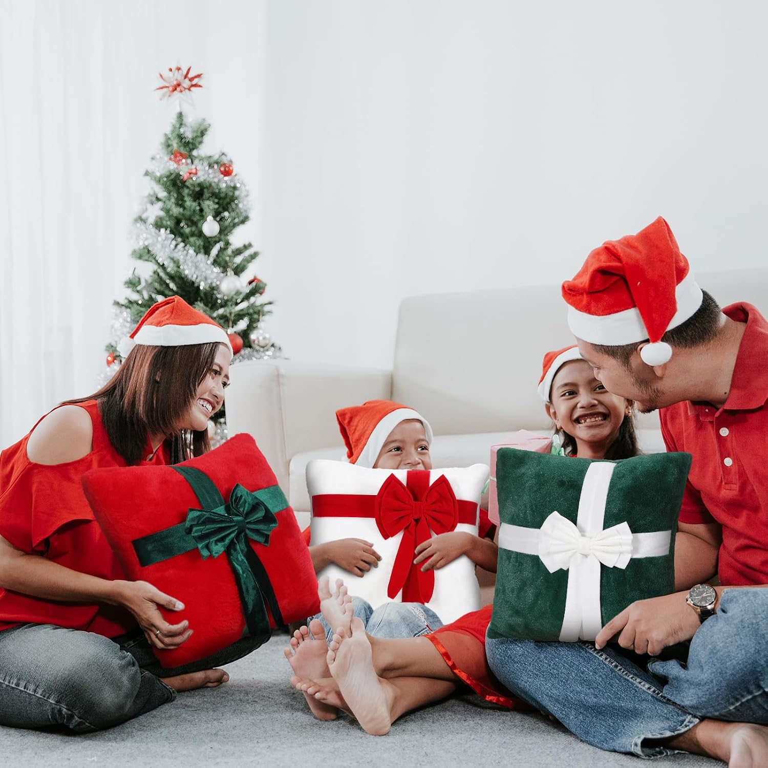 3 Pcs Christmas Velvet Throw Pillows 18 x 18 Inch Decoration Xmas Gift Boxes Shaped Plush Pillow with Bow for Winter Xmas Home Bedroom Sofa Party Decoration