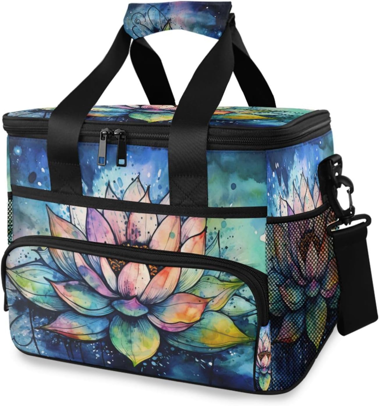 Cooler Bag (Watercolor Lotus) 24 Cans Insulated Tote Lunch Bag Shoulder Bag Leakproof for Picnic Camping Party