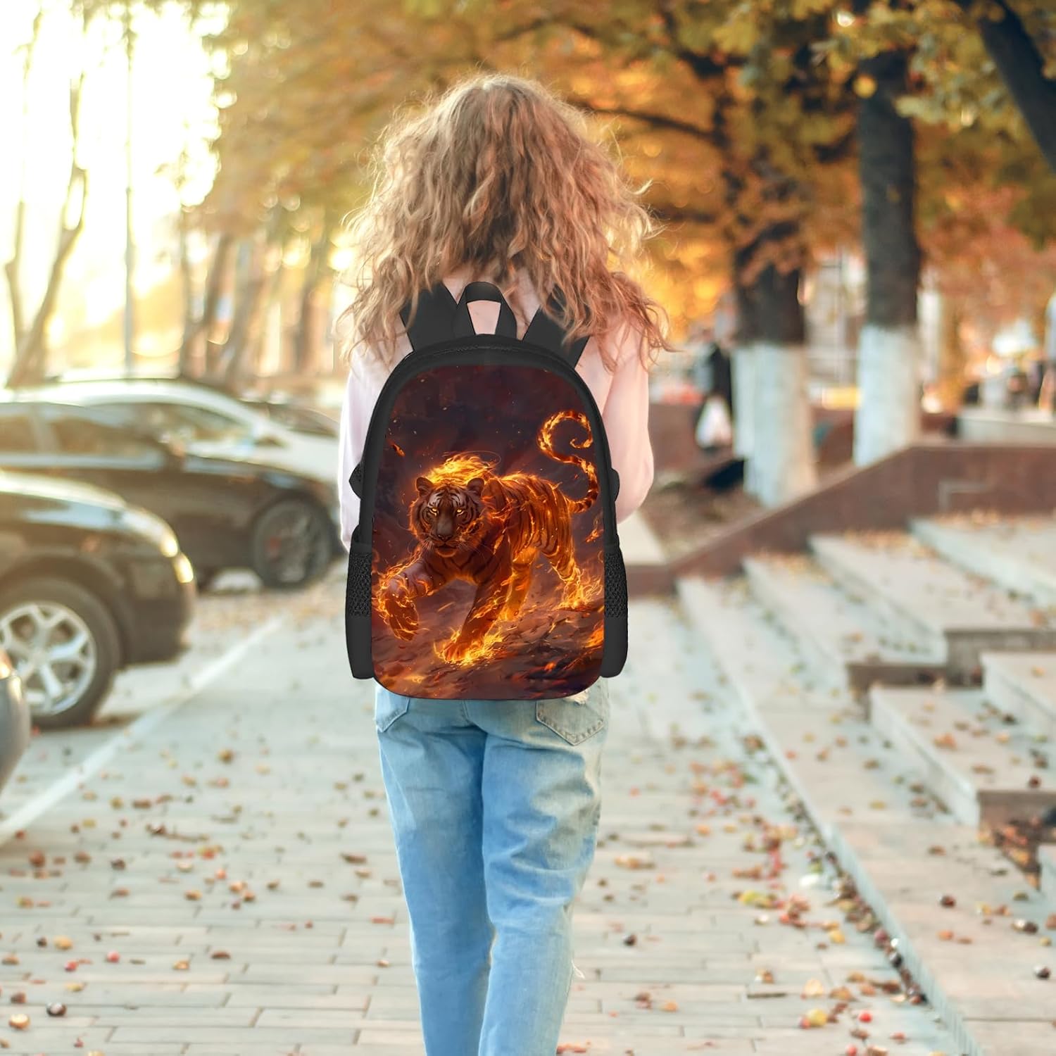 FREE LION Tiger Backpack for Kids Boys Girls, 17 Inch Cool Fire Tiger School Backpack, Animal Print Bookbag for Elementary Middle High School