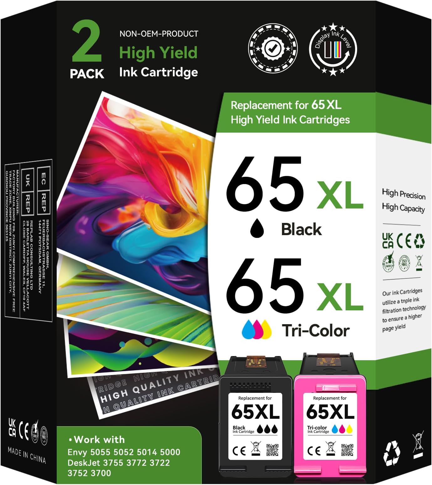 Recharge Encre Colorante HP 65/65XL - 4x30ml (noir, Cyan, Magenta, Jaune) - Pour Deskjet 3752 Etc.