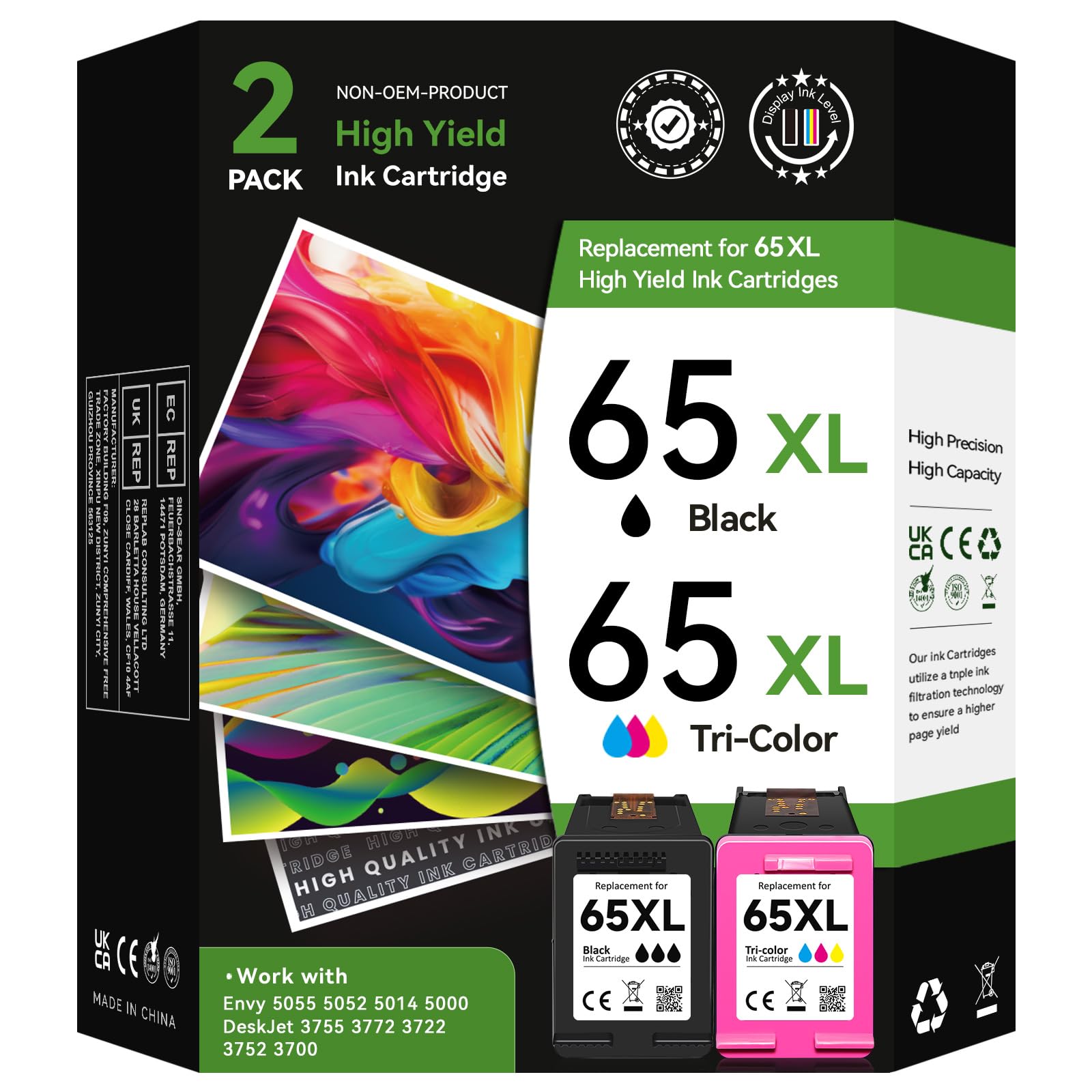 Printer Ink for HP 65 Ink Cartridges,High Yield for 65 XL Ink Cartridge Black Color Combo Pack,fit for DeskJet 3755 2655 3752 2600 3700 2652 3720 2622 2620 Envy 5055 5052 5000 5010 5070 5030 Printer