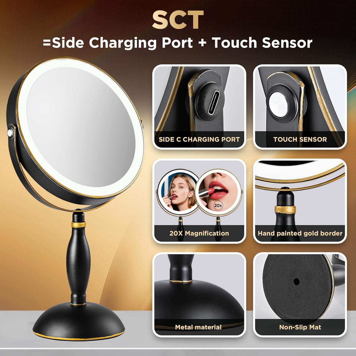 Lighted Makeup Mirror, 20x Magnifying Rechargeable Double Side Vanity Mirror, 3 Color Lights with Brightness Adjustable, Matte Black with Gold Trim, Modern Style Side Touch + Side Charge, Women Gift