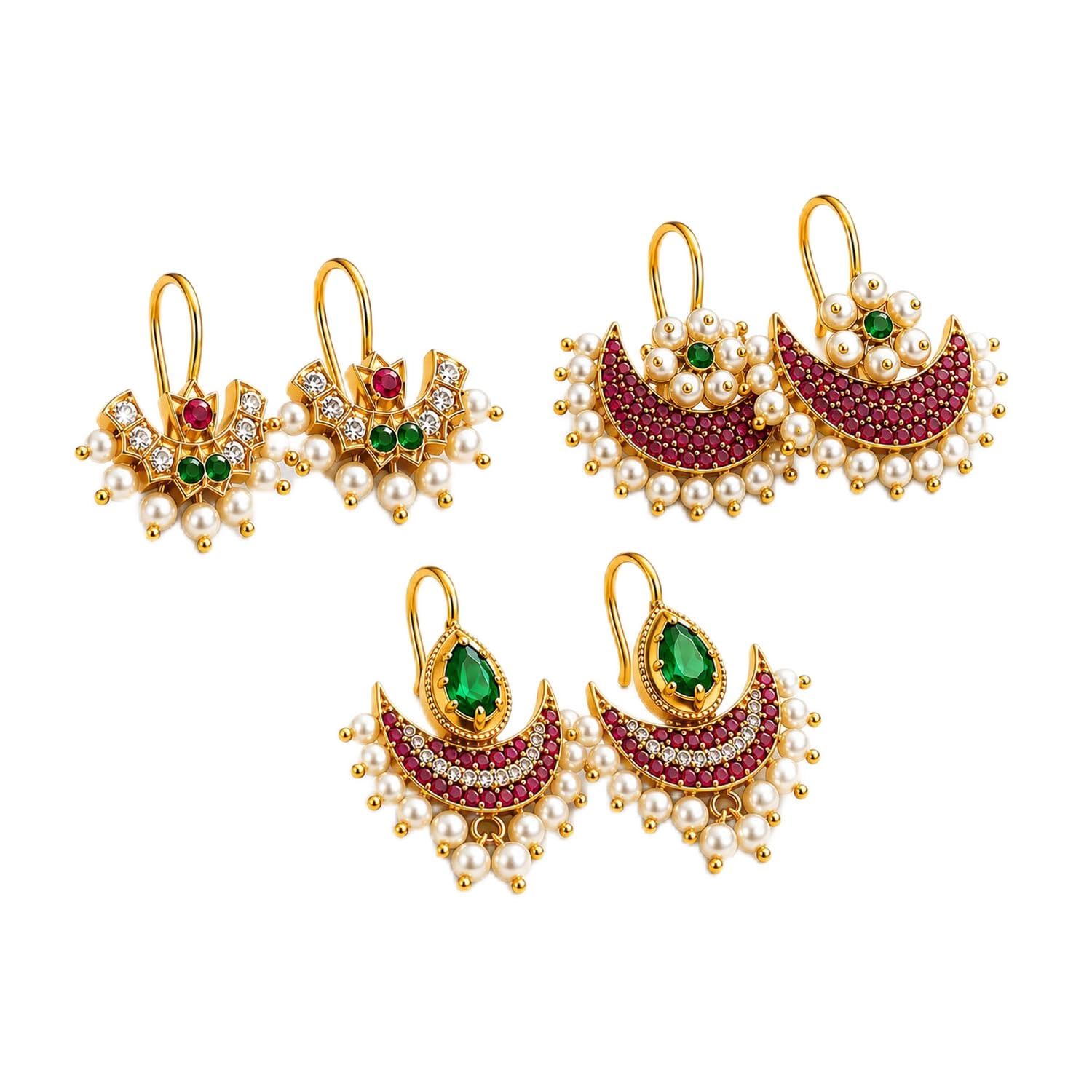 vama FASHIONS 3 Pair 18K Gold Plated Traditional Maharashtrian Ruby Pearl Drop Stud Earrings Crescent Moon Bugadi Jhumka Drop Upper Cuff Designs Earring Combo Set Jewellery for Women-picture-34
