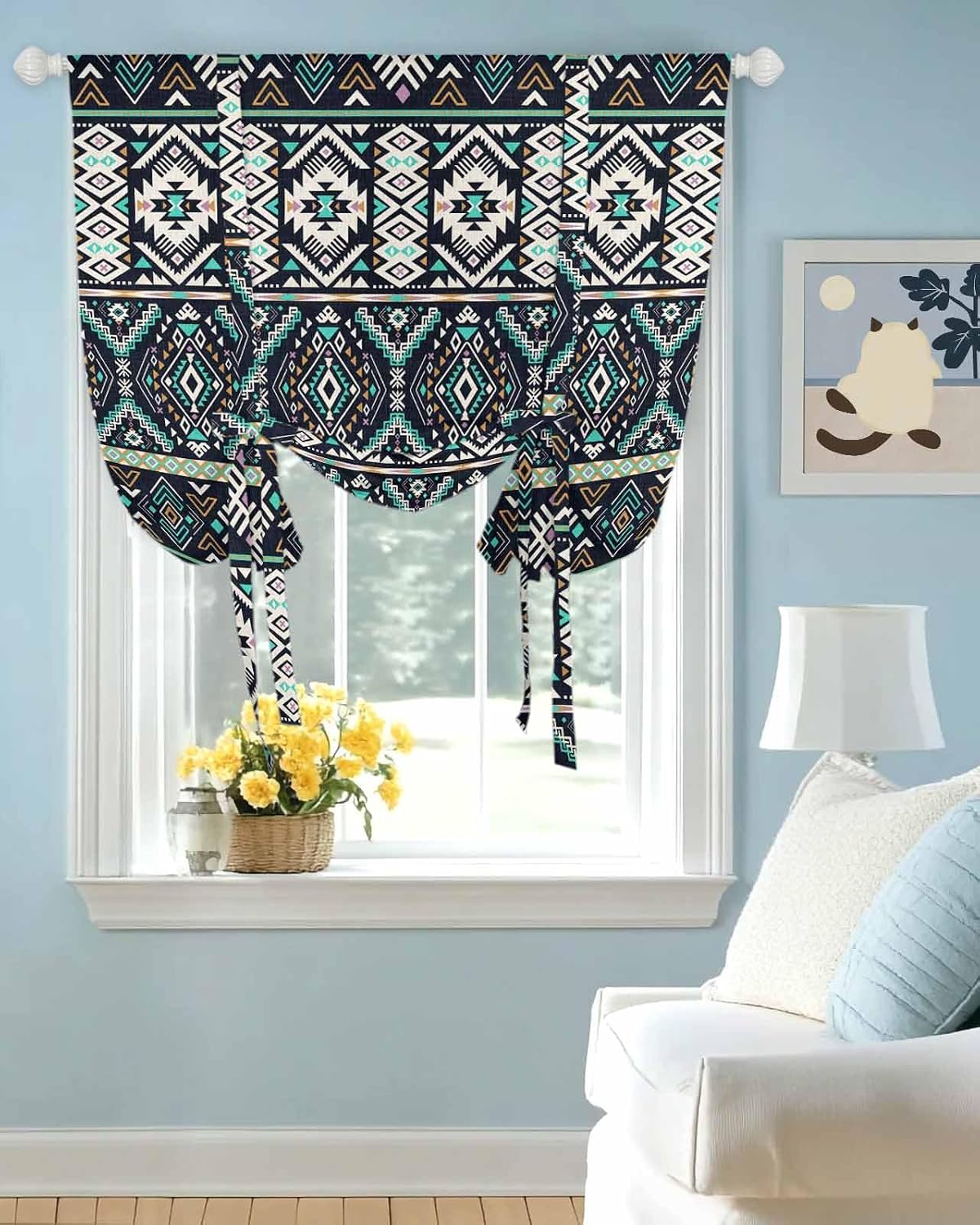 Tie Up Curtain for Windows Aztec Folk Art Balloon Window Shades for Bedroom Bathroom Adjustable Rod Pocket Green Ethnic Tribe Style Window Treatments Curtains Valance for Kitchen 52" W x 63" L