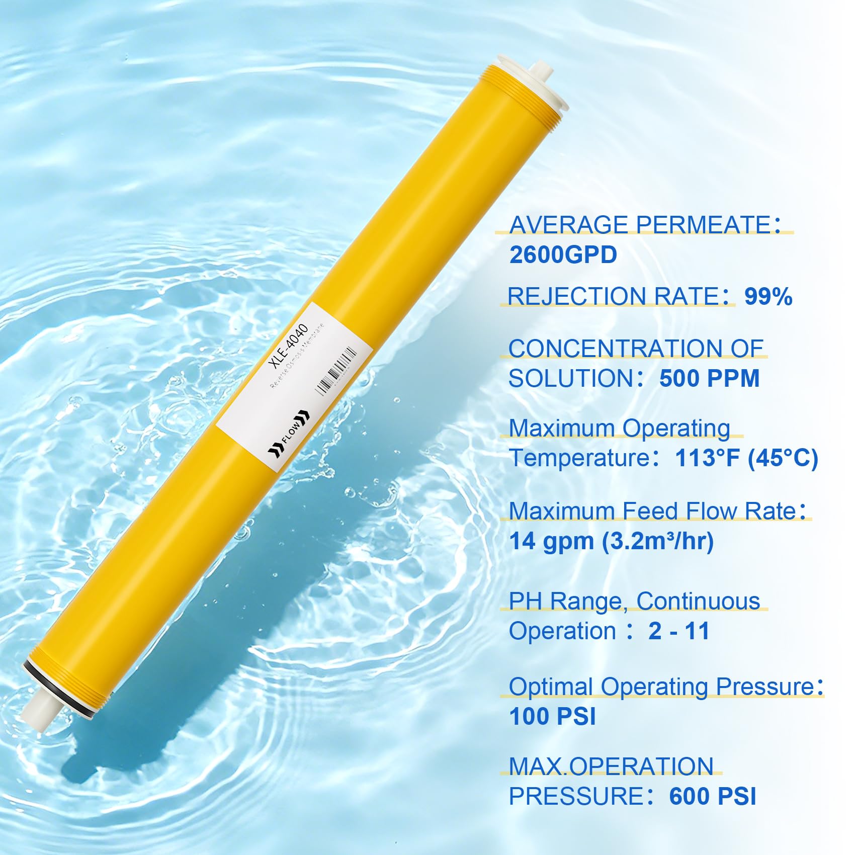 XLE-4040, XLE 4040 Membrana de ósmosis inversa para reemplazo de membrana DOW Filmtec, membrana RO 4 x 40 para desalinización, comercial, industrial, certificado NSF, rechazo de sal 99%, 2600GPD