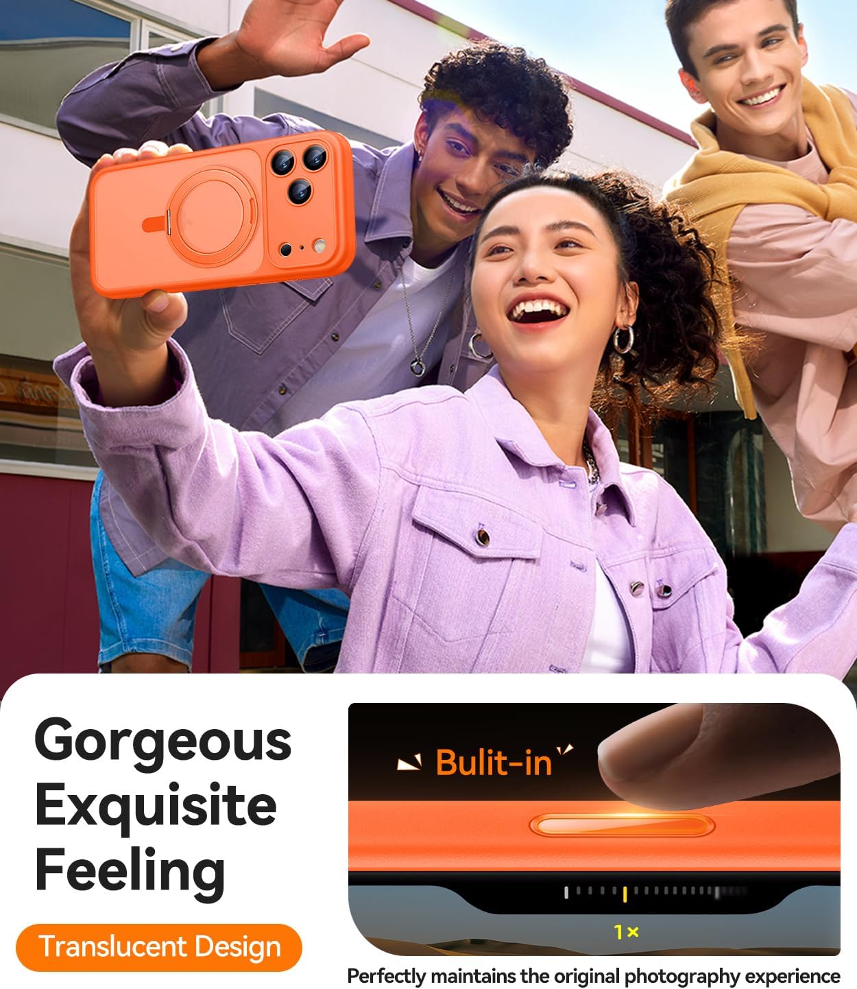 CANSHN 360° Spin Magnetic Stand for iPhone 17 Pro Max Case with Camera Control [Full Camera Protection] [Compatible with Magsafe] Translucent Matte Shockproof Protective Phone Cover 6.9" - Orange