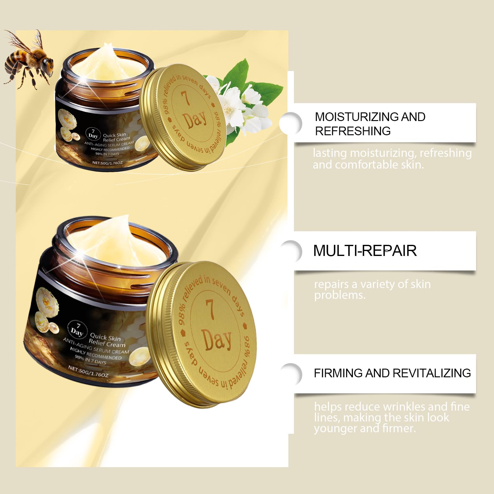 Bee Venom Skin Cream,2 Pack 7-Day Multi-Effect All-in-One Skincare Cream,Bee Venom Skin Treatment,3 in 1 Repairing and Tightening Moisturizer for Face & Body (50g - Image 2