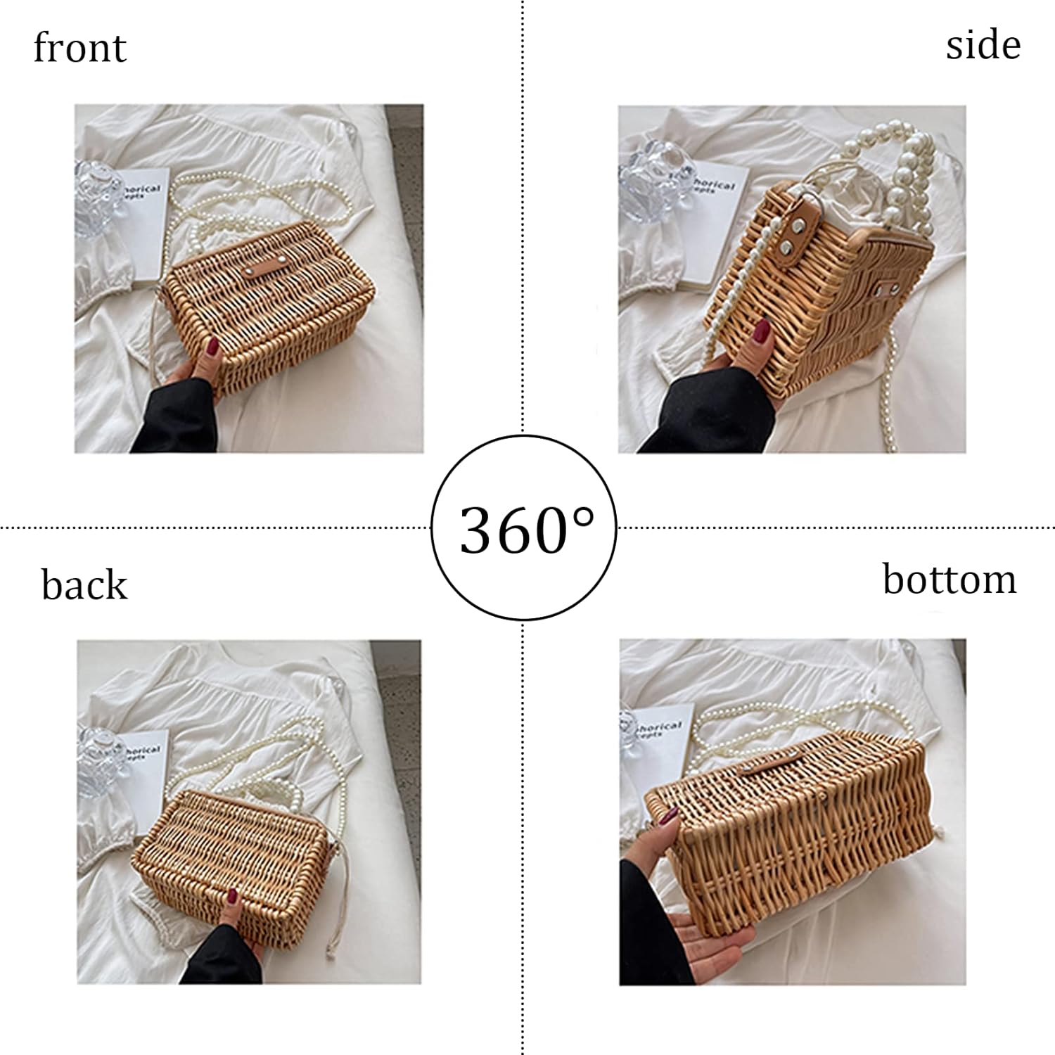 Rattan Woven Tote Bag Straw Wicker Shoulder Pearl Basket Purse Summer Beach Raffia Crossbody Handbag for Women