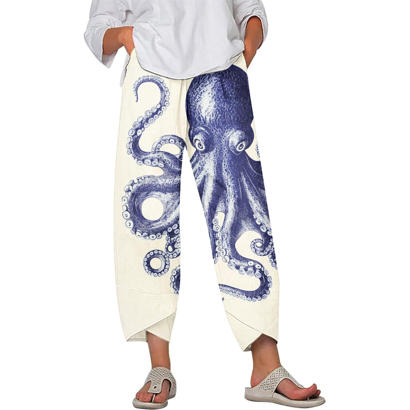 Boho Capri Pants for Women Japanese Asian Palazzo High Elastic Waist Trousers Pants with Pockets Summer Beach