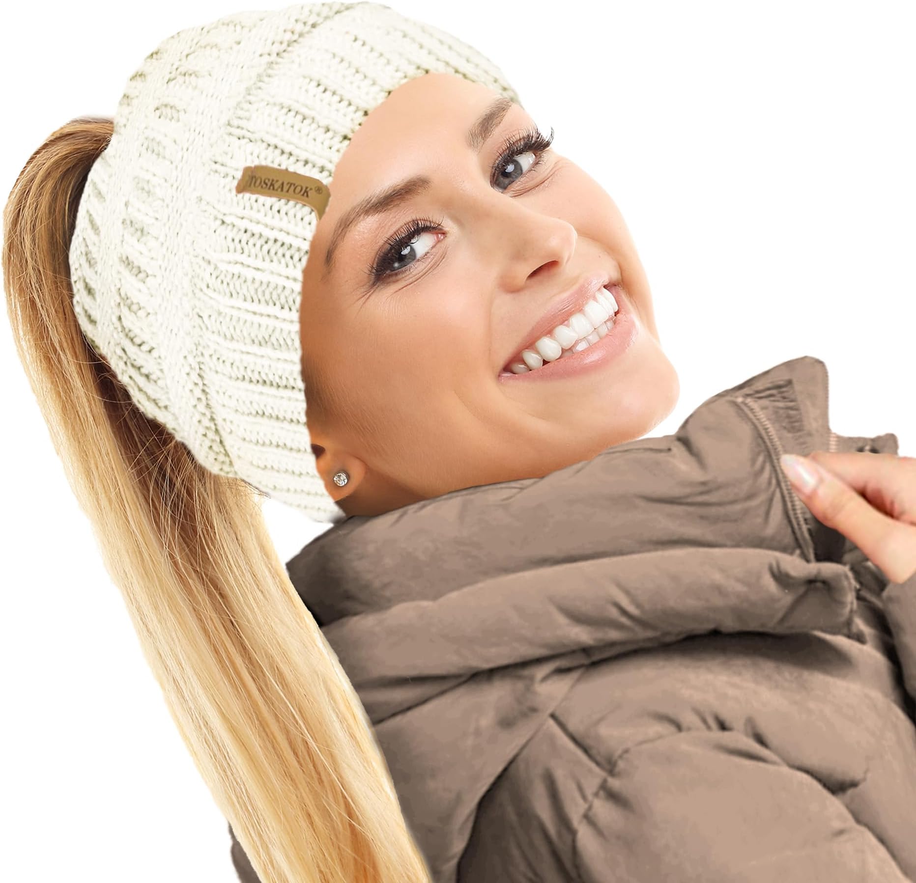 Ladies Womens Plain Ponytail Messy Bun Ribbed Winter Beanie Hat Cap Hair Hairband